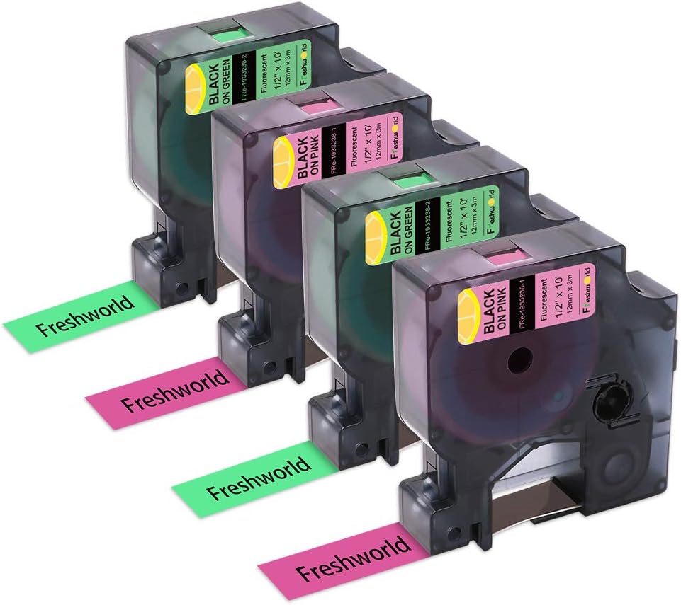 Freshworld Compatible Labeling Tape Replacement for Dymo D1 Label Tape Refill 1/2 Inch Black on Neon (Black on Green/Pink) 1933238,for Dymo LabelManager PnP 260P 210D 280 420 160 450D Label Maker, 4P