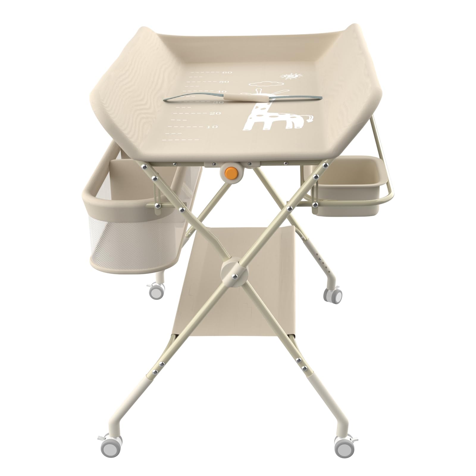 Supfine Table à Langer Pliable, Plan à Langer avec Panier Latéral et Tringle de Suspension, Réglable en Hauteur, avec roulettes Verrouillables (Crème, 4 en 1)