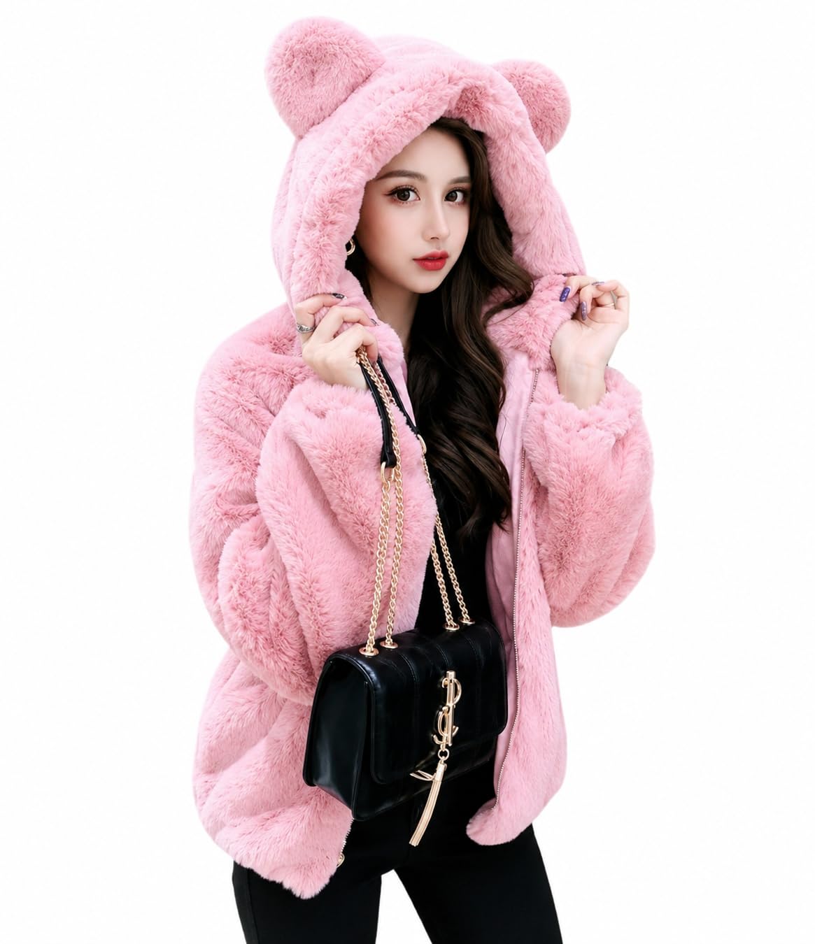 Women's Faux Fur Hooded Jacket with Bear Ears, Pink-picture-28