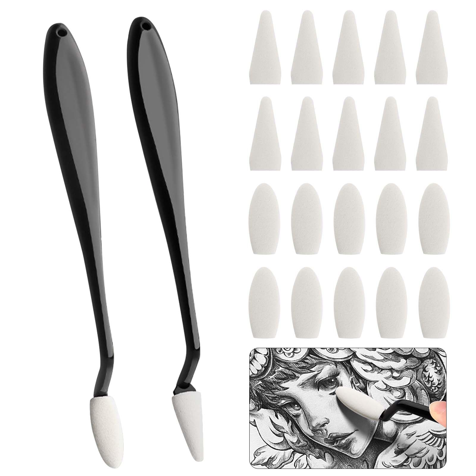 Disnace2 PCS Sketch Paper Wiper with 20 Replacement Heads, Art Student Sponge, Drawing Blender Tool, Paper Art Blenders Sketch, Drawing Sponge Pen for Sketch Drawing and Detail Painting, Black