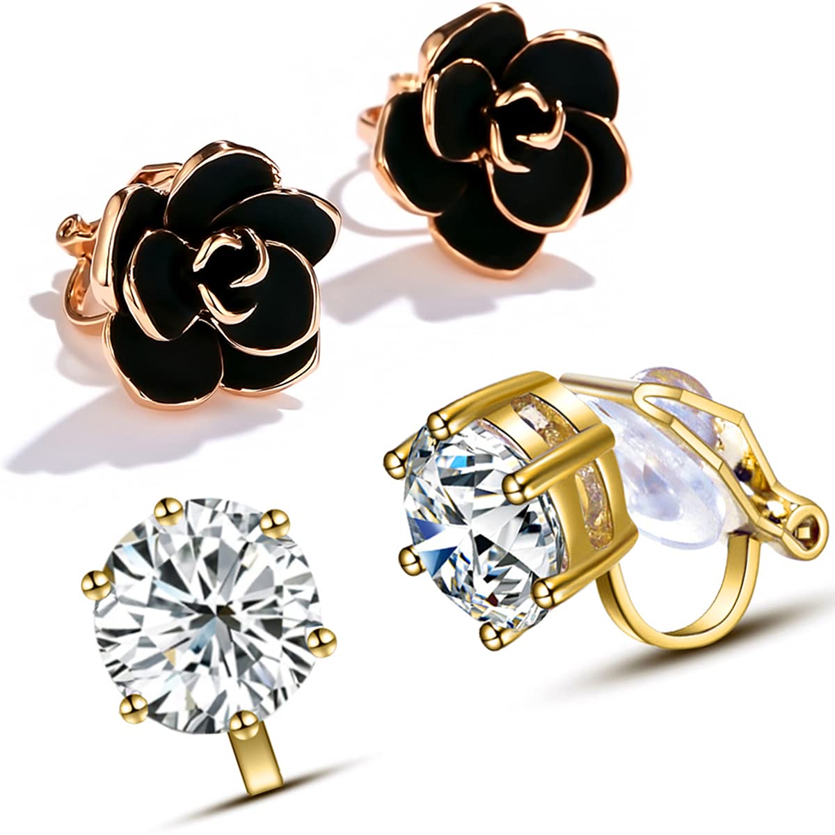 Cocadant Cubic Zirconia Clip On Gold Stud Earrings,1.5 Carat/8mm Round Cut Simulated Diamond CZ Stud Earrings,Black Rose Flower Non Pierced Earrings