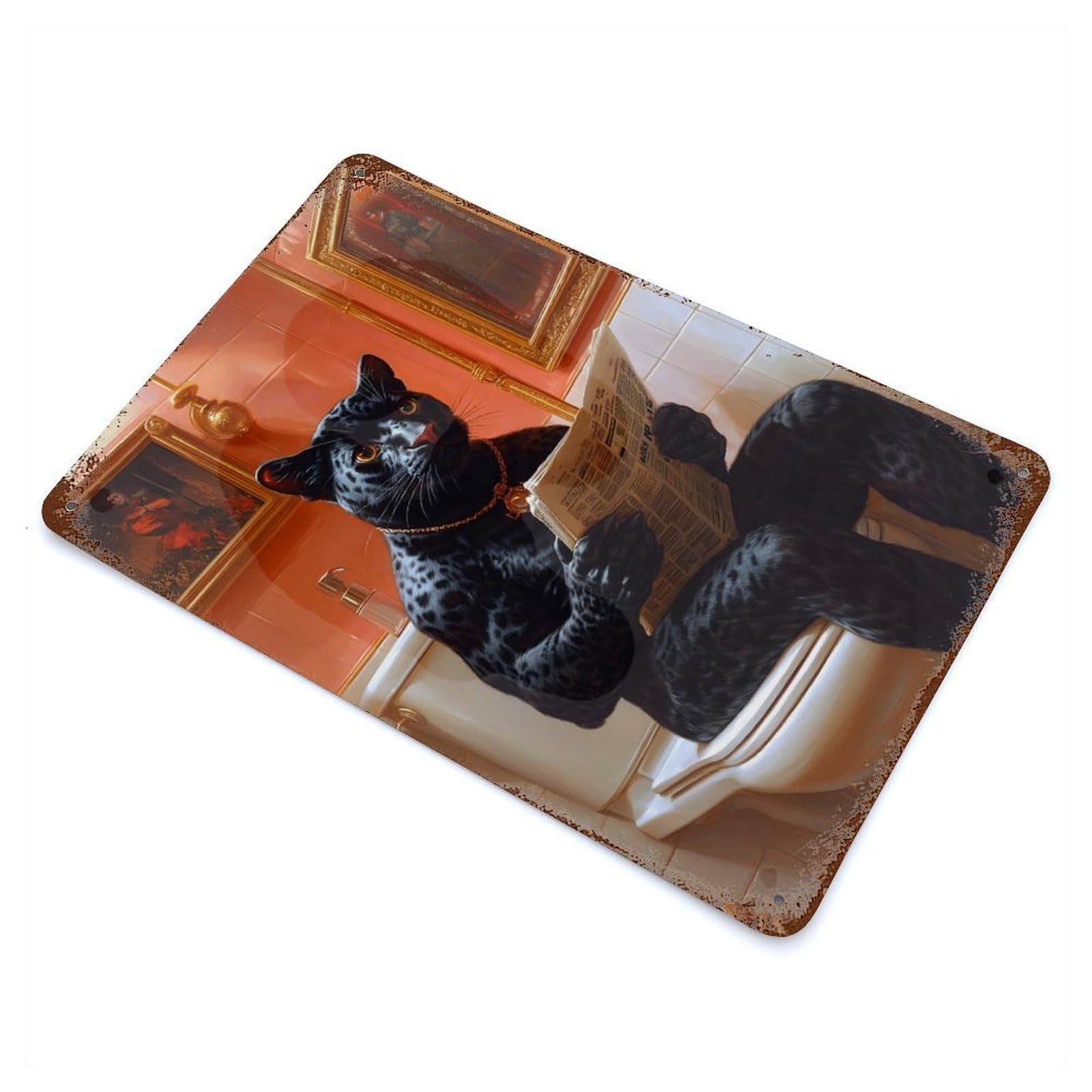 Black Panther on Toilet Decorative Tin Sign 11.8"x7.9", Ideal for Basement, Hobby Room And Garage Decor