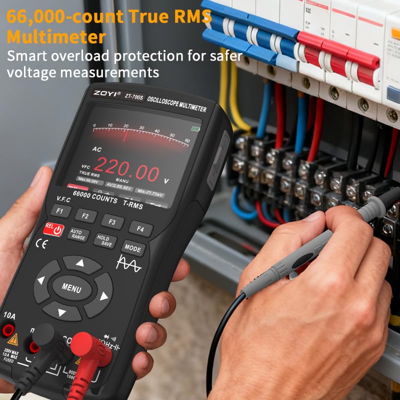 ZT-706S Multimetro oscilloscopio 3 in 1, larghezza di banda 50 MHz, display 66000 conteggi, generatore di segnale 10 m, riparazione elettricista (ZT-706S)