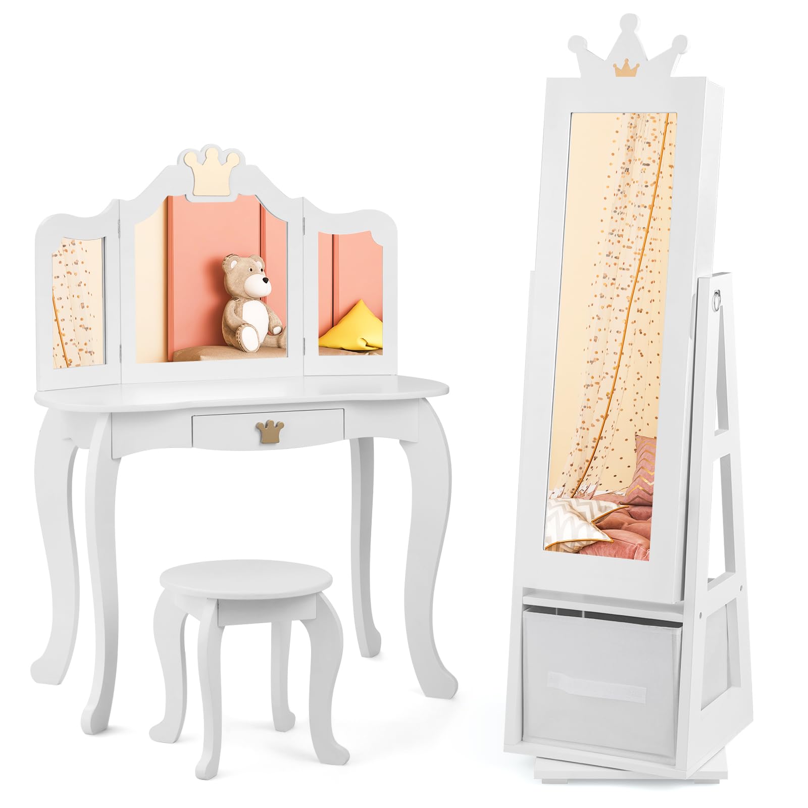 Costzon Kids Vanity & Jewelry Armoire Cabinet, Kids Makeup Vanity Table and Chair Set, 360° Swivel Standing Jewelry Organizer with Full-Length Mirror, Kids Bedroom Furniture Set for Girls (White)