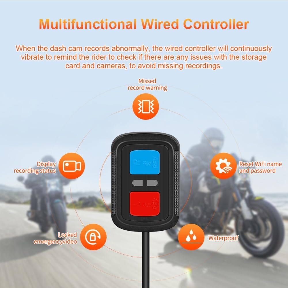VSYSTO WiFi Motorrad-Dashcam, Parküberwachung, GPS 1080P Front- und Rückkamera, Hochgeschwindigkeits-Video-Download, Kabelsteuerung, Fehler-Vibrationsalarm (Q3DL)