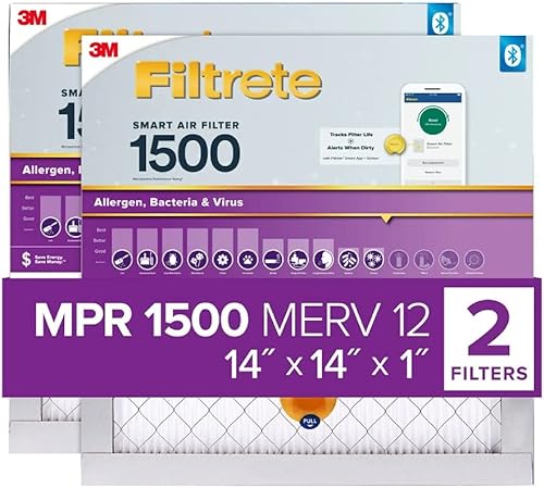 Filtrete Filtro de aire inteligente para horno de CA de 14 x 14 x 1, MERV 12, MPR 1500, vida útil del filtro de pista con sensor habilitado para