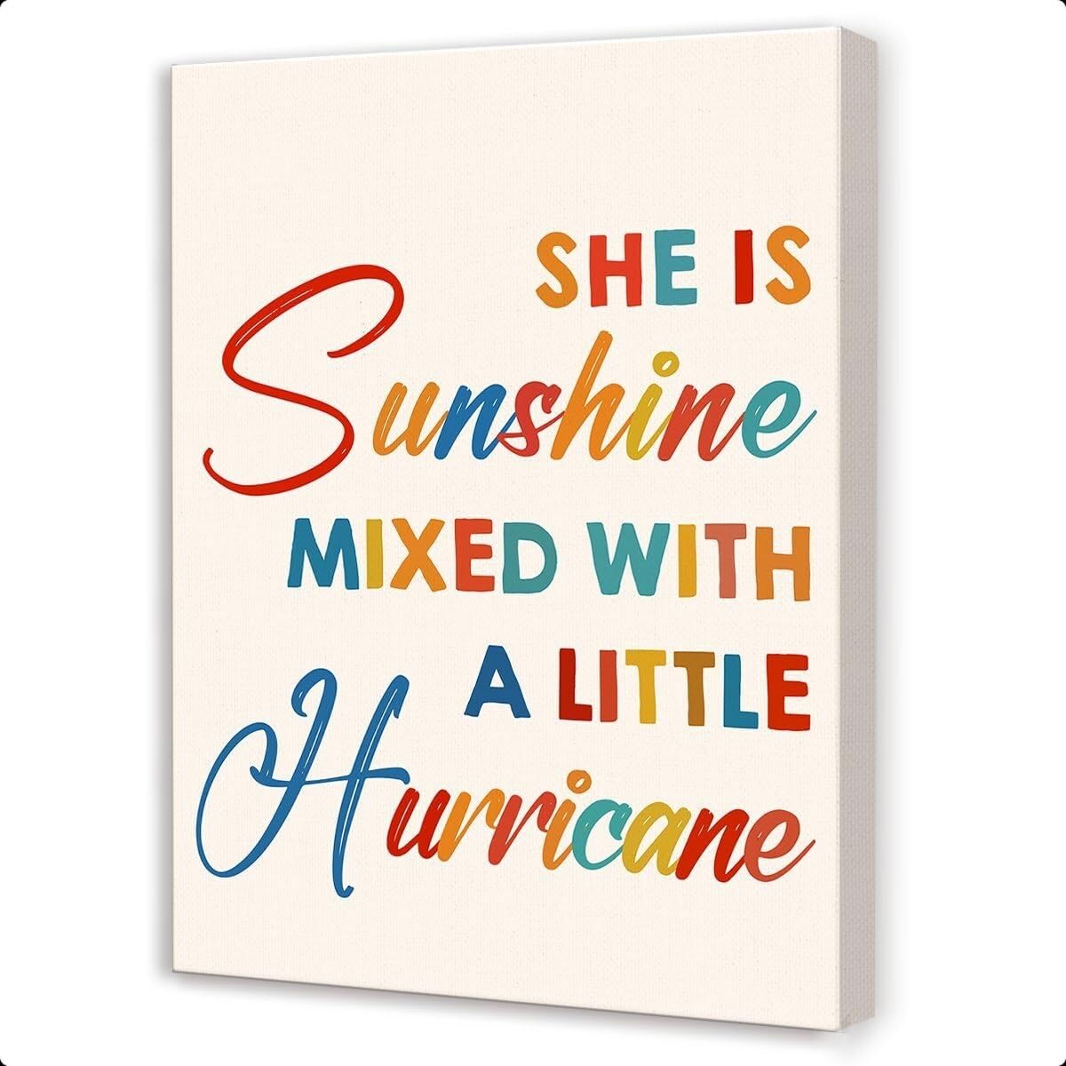 XGINERFEX Girls Bedroom Decor, She is Sunshine Mixed With a Little Hurricane Canvas Wall-Art with Inspirational Quote for Nursery and Playroom(Unframed,16x24inch(40x60cm))