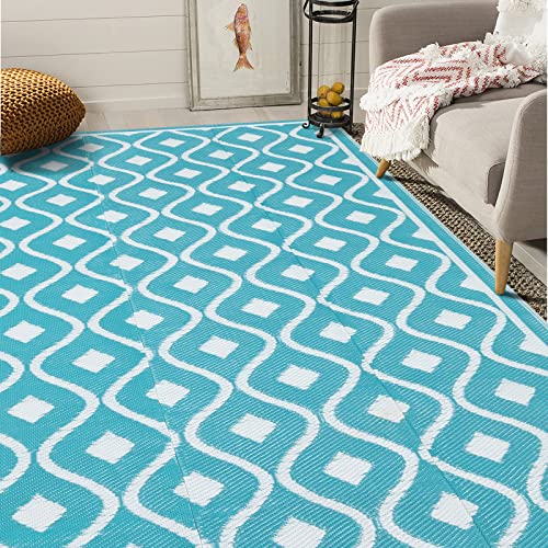 Pauwer Outdoor Rug 6'x9' for Patios, Reversible Mats, Plastic Straw Rug, Outdoor Camping Rugs, RV Patio Mat, Large Outdoor Area Rug for Outdoor, RV, Camping, Patio, Picnic, Aqua Blue & White
