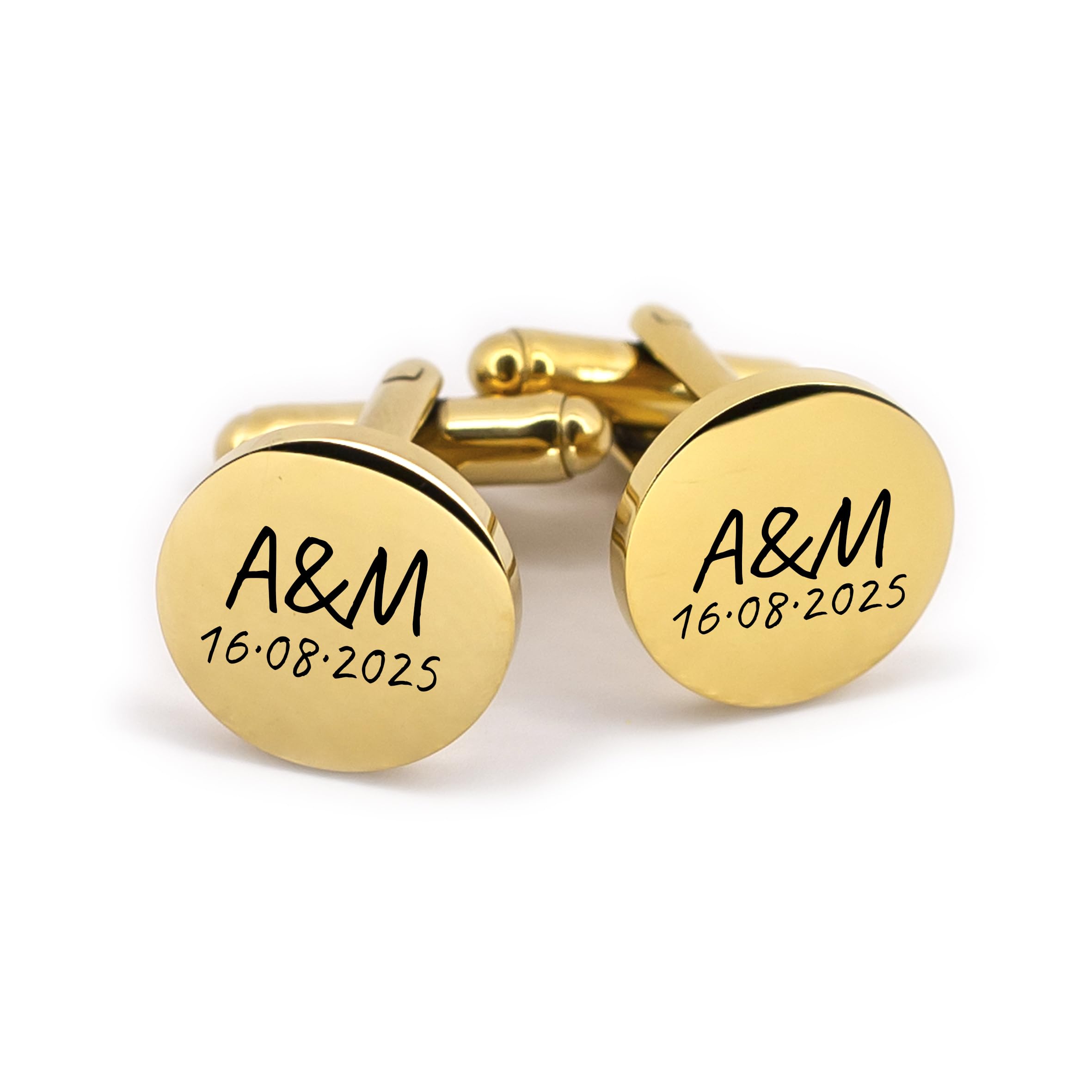 Gemelos personalizados de acero inoxidable dorados, grabado personalizado para boda, fecha y texto customizable