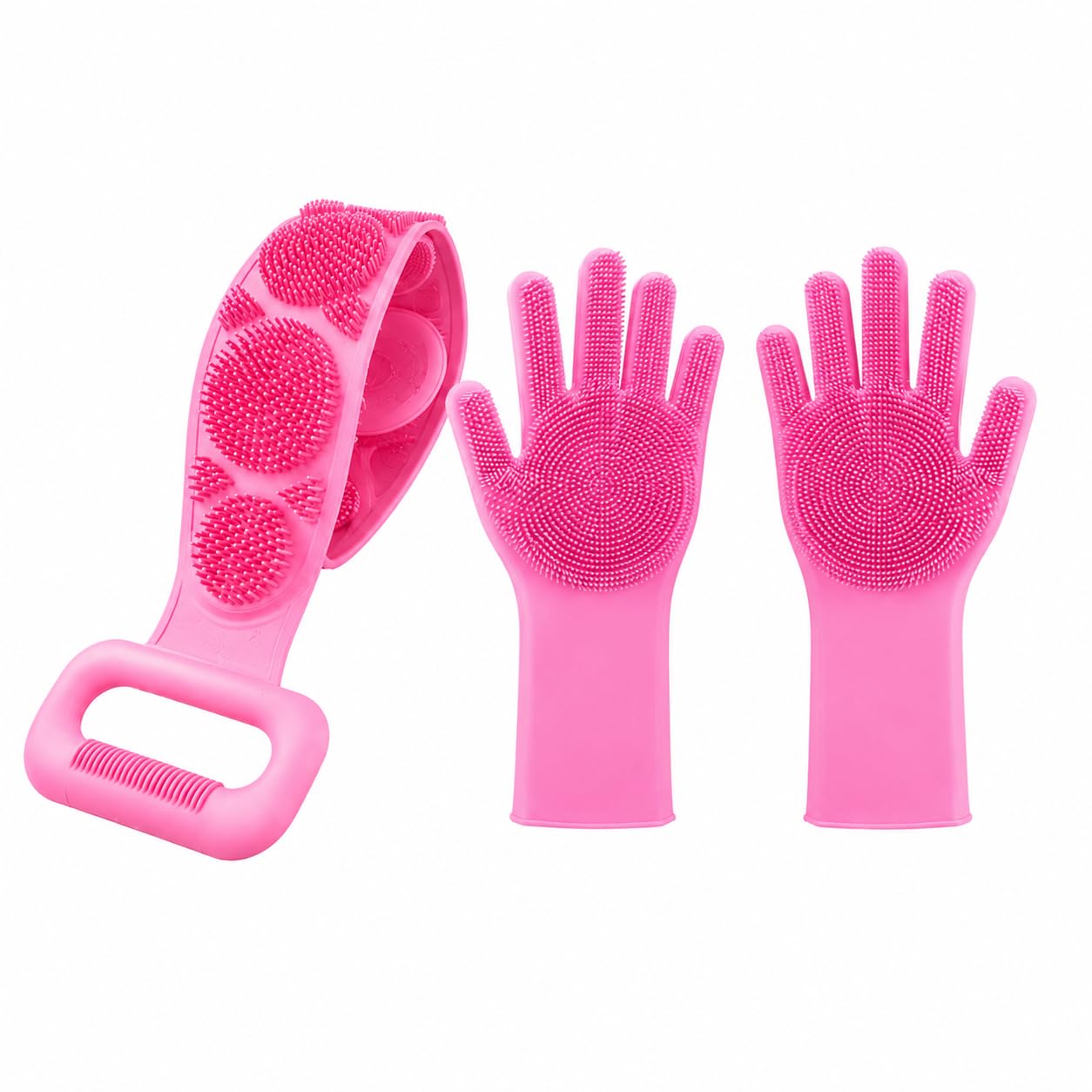Silicone Bath Cleaning Combo | Silicone Body Scrubber Belt with Pair of Exfoliating Bath Gloves | Soft Body Scrub Set | Deep Cleansing | Reusable & Easy to Clean | Pink-image-29