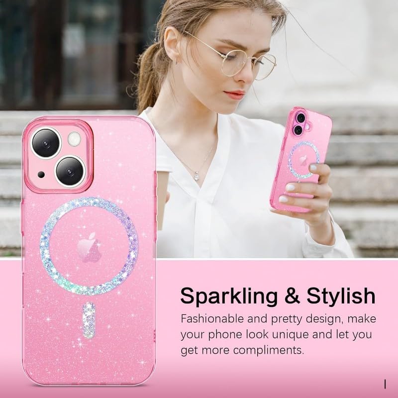 Image of mobistyle Magnetic for iPhone 13 Case, Clear Crystal Glitter 13 Phone Case Compatible with MagSafe, Shockproof Sparkly Cute Women Girl Cover for iPhone 13, Hot Pink Glitter