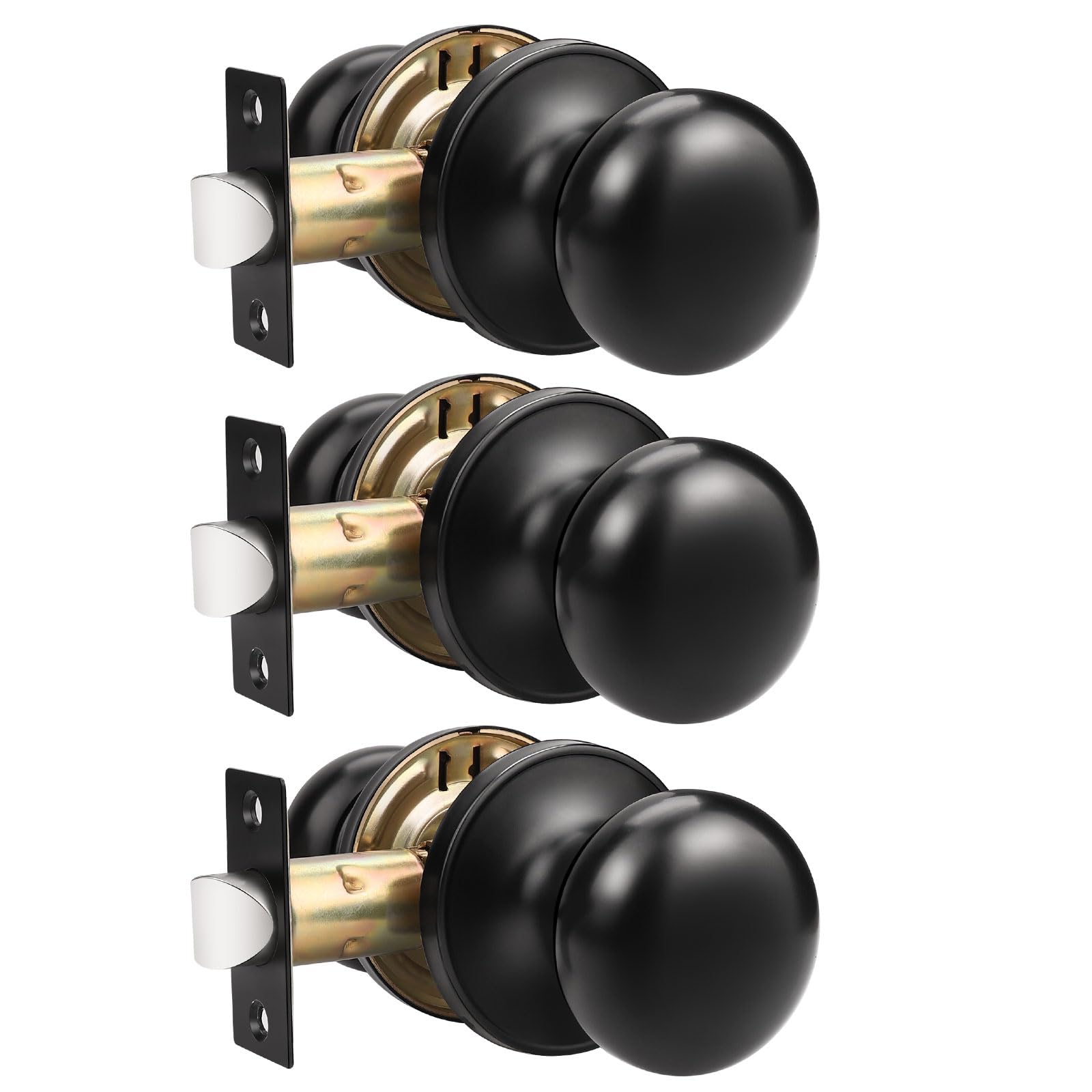 GOBEKOR3 Pack Keyless Passage Door Knobs Matte Black Interior Door Knob with Lock Round Passage Knob for Hallway Stainless Steel Door Knob