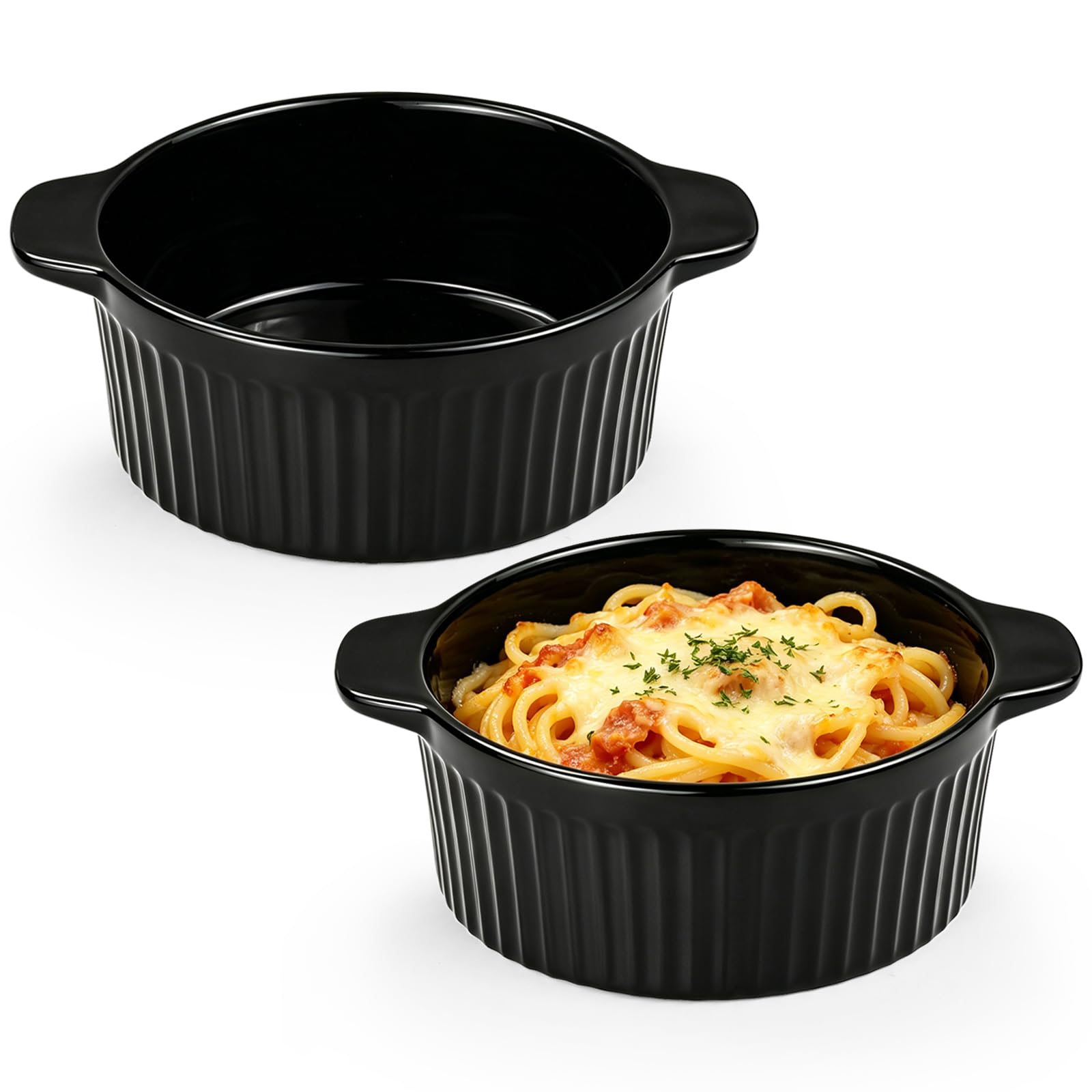 Set of 2 Black Ceramic Bowls with Handles, 350ml Vertical Ribbed Soup Bowls for Hot Cereal, Salad, Rice and Oatmeal – Microwave and Dishwasher Safe, Heat-Resistant Handles, Minimalist Kitchen Tablewar