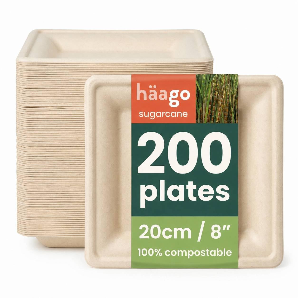 HAAGO 200 Compostable Sugarcane Plates, 8" / 20 cm Square – Strong Heavy-Duty Paper Plates – Biodegradable Disposable Party Plate for Hot & Cold Food, Picnics, BBQ & Takeaway