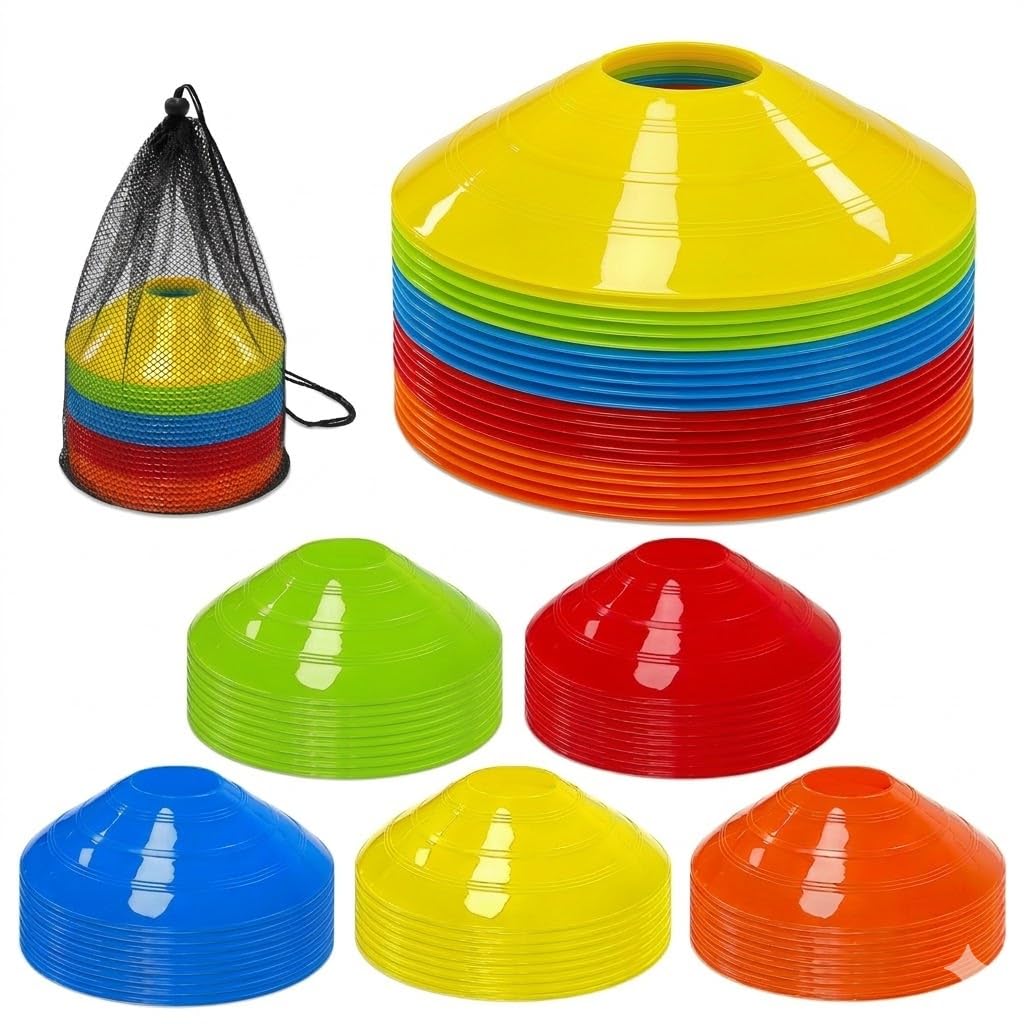 Cônes de marquage pour Football Équipement Essentiel d'entraînement, Plots Sport Multicolores avec Filet de Rangement pour Football, Basketball et agilité