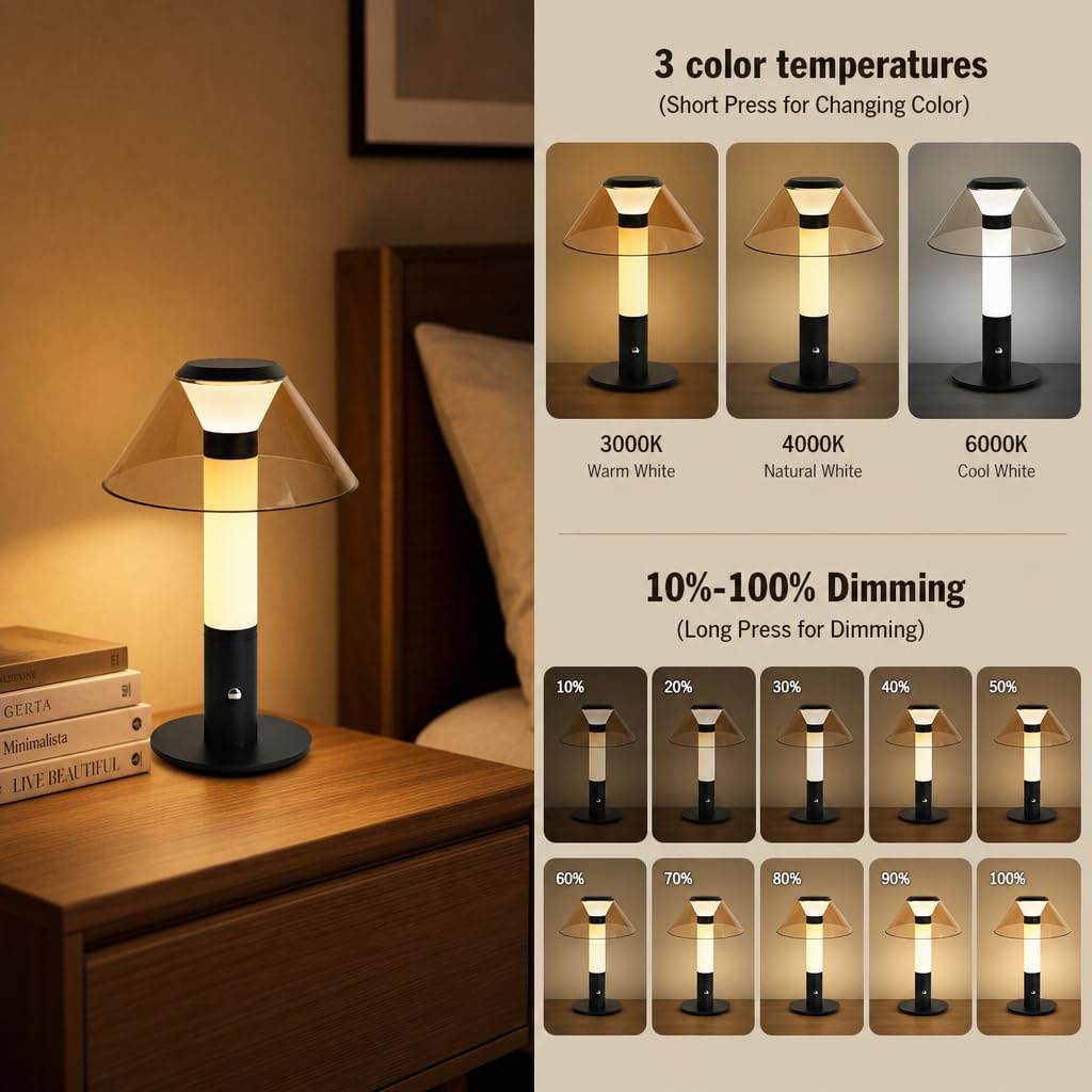 Tischlampe 1800mAh Batterie ohne Kabel LED Modern Dimmbar (Schwarz) | Akku Tischleuchte Touch USB Aufladbar Nachttischlampe 3 Farbtemperatur für Schlafzimmer Esstisch Camping Metall+Acryl