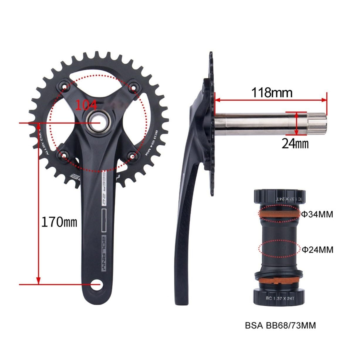 Juego de bielas huecas integradas MTB de 170 mm, juego de bielas de aleación de aluminio, juego de bielas redondas individuales con plato ancho estrecho 34/36T