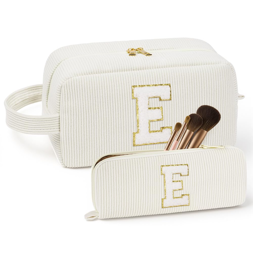 Set Neceser Mujer Personalizado Inicial, 2 piezas Neceser de Maquillaje de Pana, Bolsa de Cosméticos de Viaje, Bolsa de Aseo con Letra, Regalo para Mamá Mujeres Novias Mejores Amigas (Beige - L) — view 12