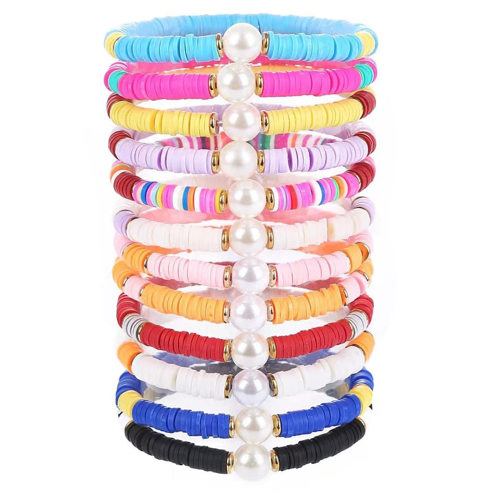 HYHONEY12pcs Friendship Bracelets Beaded Bracelets Heishi Bracelet Cute Bracelets Stack Vinyl Clay Disc Bead Surfer Stretch Summer Beach Bracelets For Women Preppy Bracelets