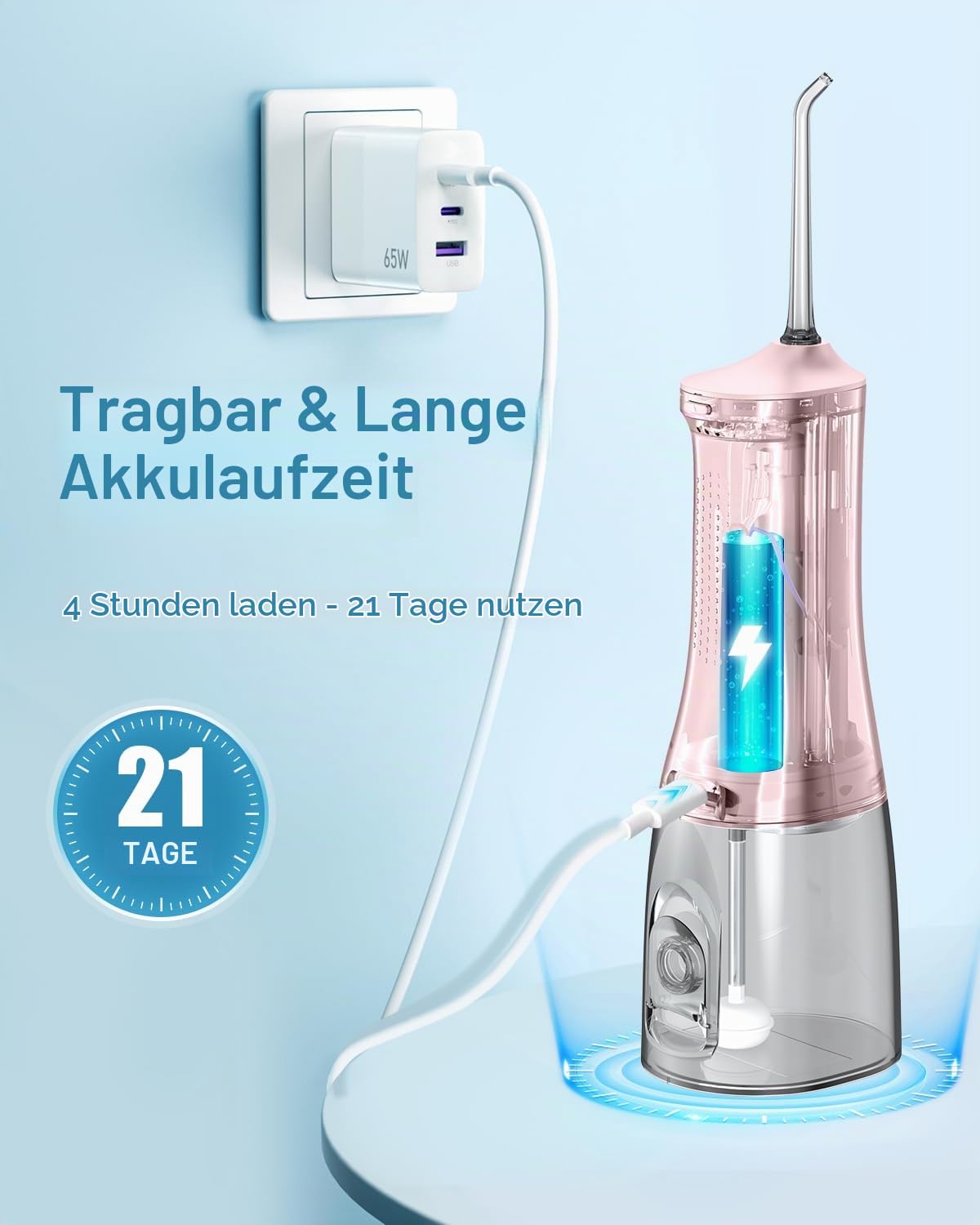 Operan Munddusche Kabellos, Tragbar Elektrische Zahnreiniger 4 Modi & 4 Düsen, 300ML Zahndusche Munddusche Testsieger Zahndusche für Entfernt Speisereste und Reinigt Die Zähne (Pink, 1Pack)