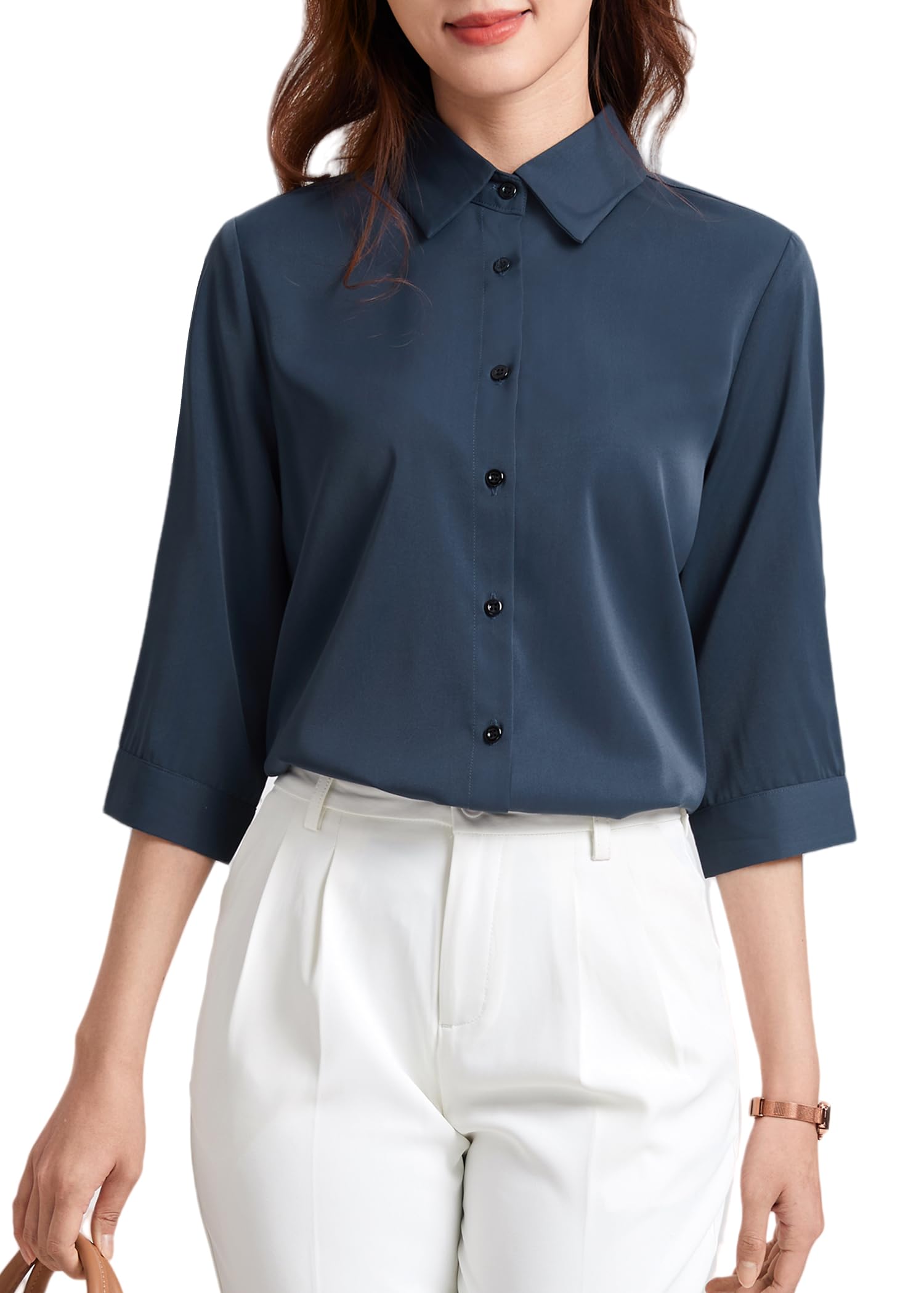 [Enmain] 新登場！101S「ドレープ感 」高通気 快適 柔らかい シフォン ブラウス UV防止 UPF50+ オフィス 事務服 通勤 就活 きれいめ ノーアイロン ワイシャツ レディース 七分袖 ゆったり/80番手