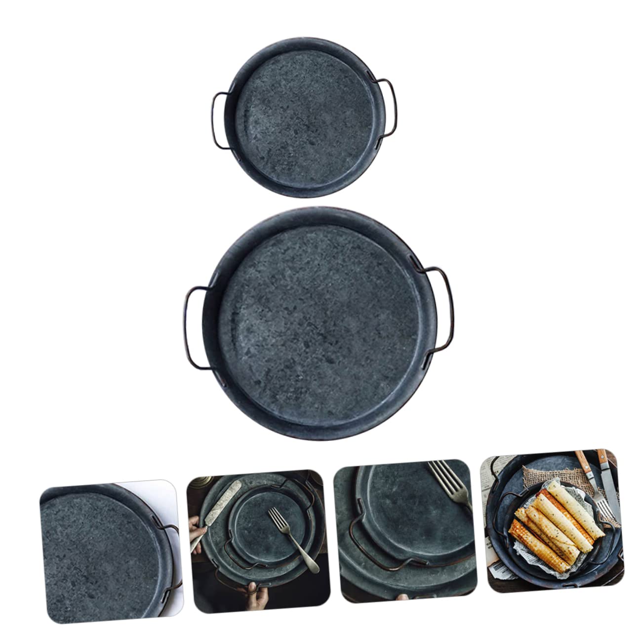Bandeja de Hierro Redonda con Asa, 2 Piezas, Negro