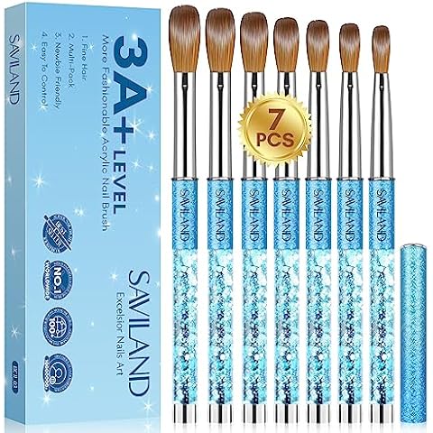 Saviland Acrylic Nail Brush Set -High Quality 3A+ Level Synthetic Bristles Blue Mermaid Princess Handle Acrylic Nail Brush 7 Sizes Cover