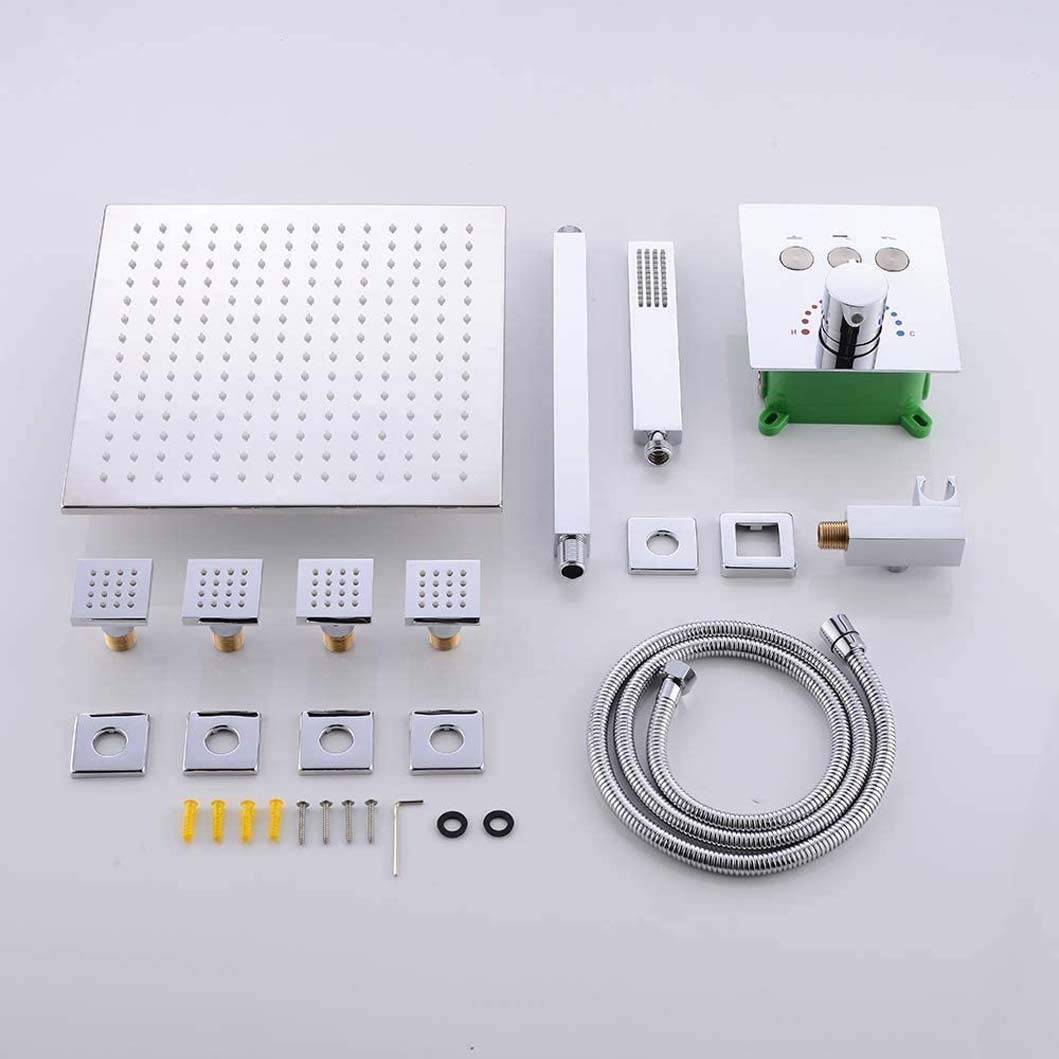 Sistema Doccia, soffione a Pioggia LED da 10-12 Pollici con soffione a soffitto in Ottone Cromato, soffione a Pioggia LED da 10-12 Pollici con soffioni per Il Corpo e Set termostat