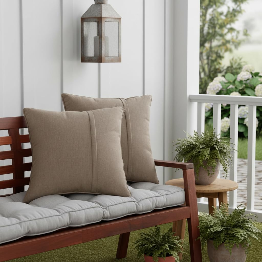 Sunbrella Outdoor Throw Pillows 20x20 Set of 2 – Corded Patio Accent Pillows with Pleated Design & Removable Zipper Covers – Weather & Fade Resistant Pillows for Patio Furniture, Cast Shale
