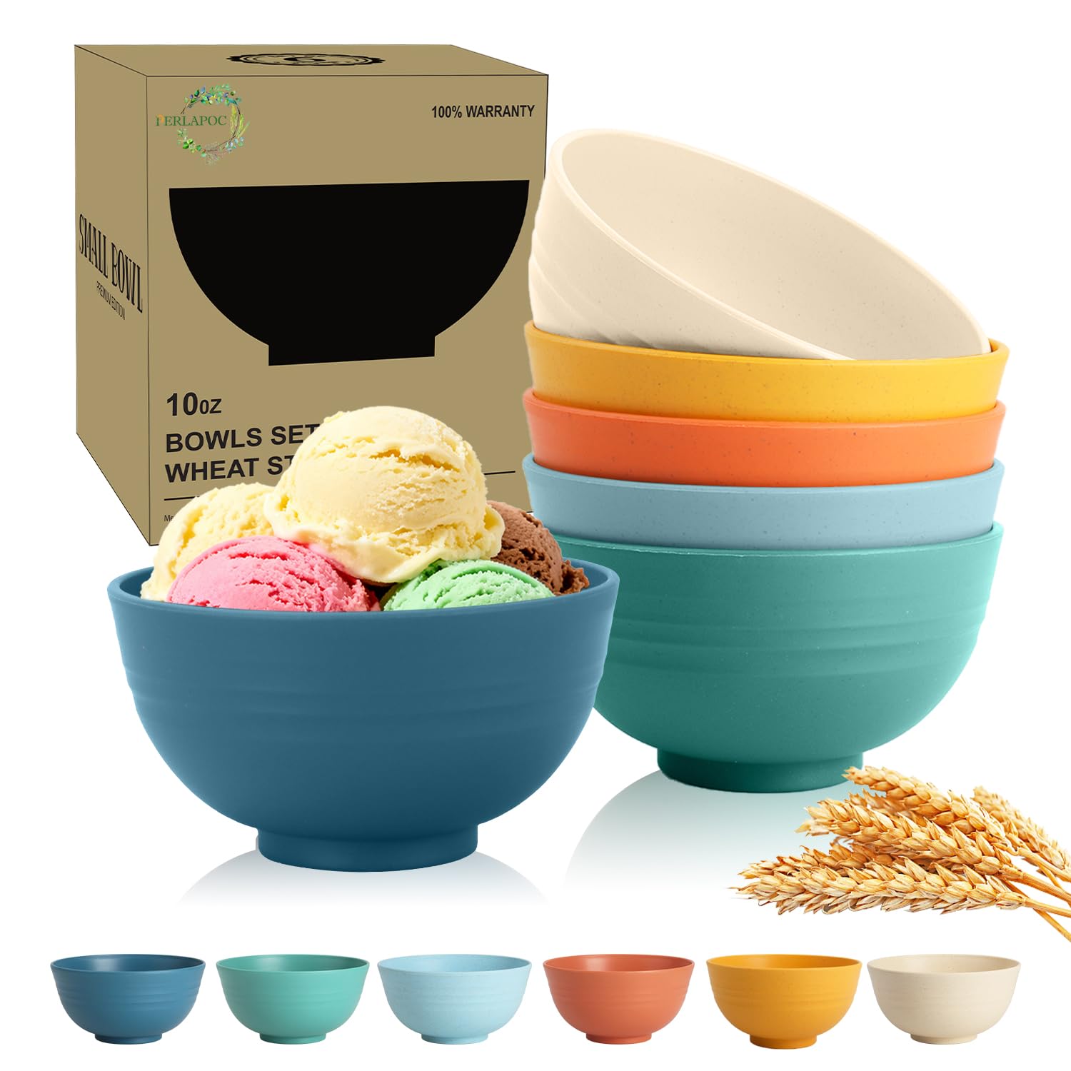 Wheat Straw Bowls, Unbreakable Small Bowls Set of 6, 10 OZ Mini Dessert Bowls for Ice Cream, Snack, Yogurt and Fruits, Microwave &amp; Dishwasher Safe Small Bowl, Multi