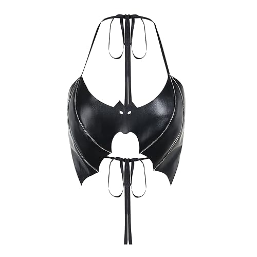 Women's Halloween Goth Halter Crop Cami Tops Sleeveless Backless Solid Color Faux Leather Bat Camisole Halter Top Bandage Tank Tops Streetwear Sleeveless Sexy Mesh Ruch Ruffle T-Shirts Rave Festival