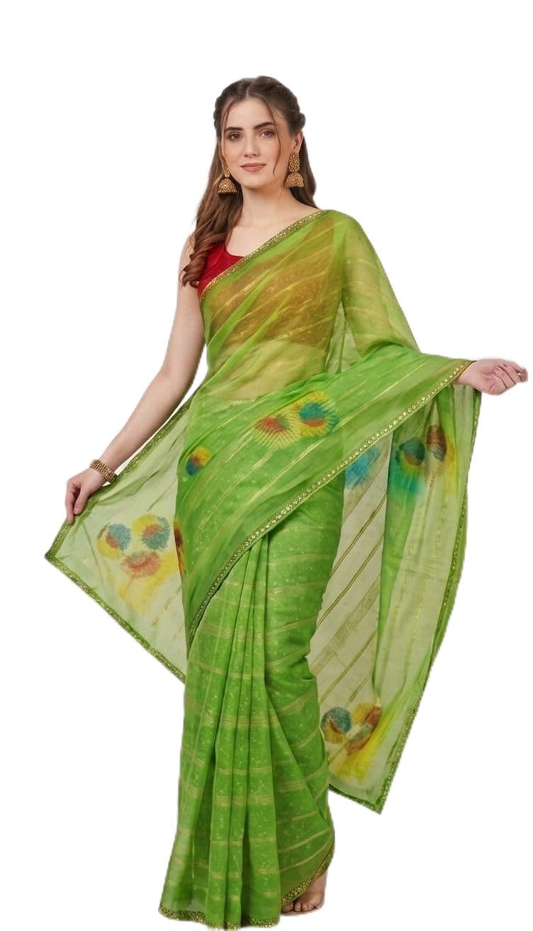 Green Georgette Saree for Women with Digital Print & Golden Border | Lightweight Saree | Festive Wedding Traditional Saree with Unstitched Blouse Piece-image-11