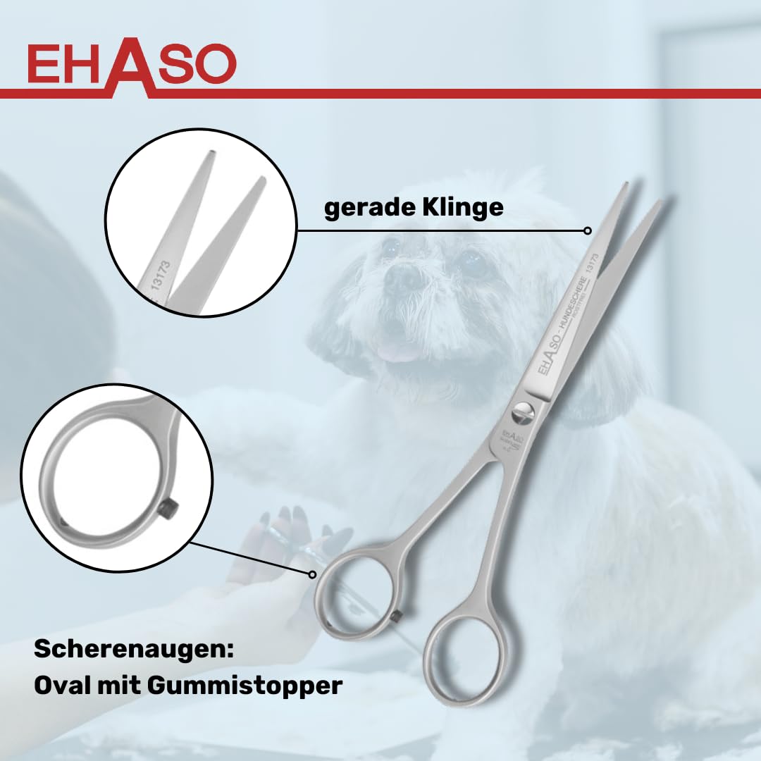 EHASO Hochwertige Gerade Hundeschere aus - Für langhaar & kurzhaar - 17 cm - Fellschere für Hunde & Katzen - Profischere für Jede Art von Fell direkt Solingen