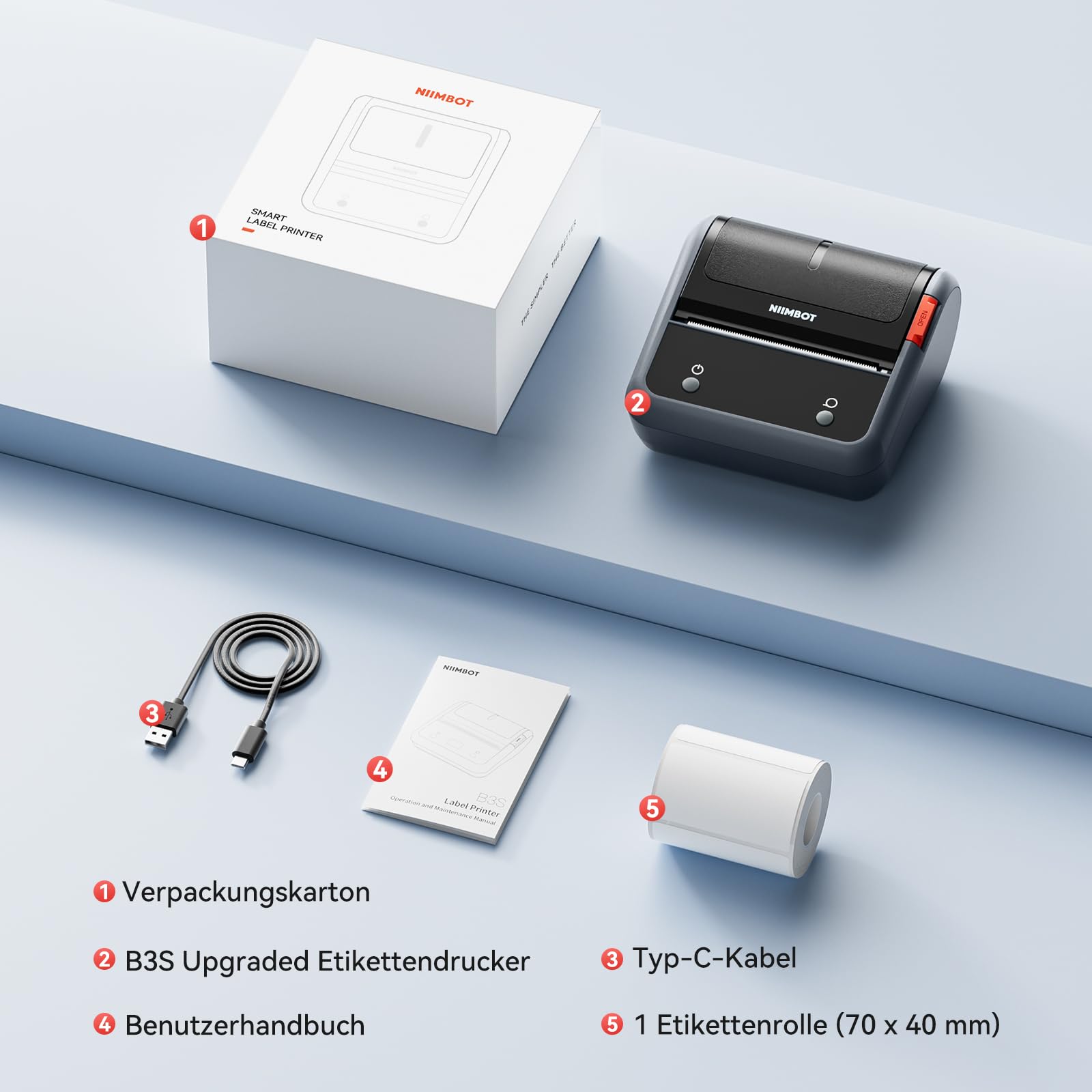 NIIMBOT B3S Etikettendrucker mit großformatigen Etiketten Selbstklebend 70 x 40mm, Tragbarer Etikettiergerät Bluetooth Label Printer für Barcode,Adresse, Büro, Einzelhandel, Schwarz