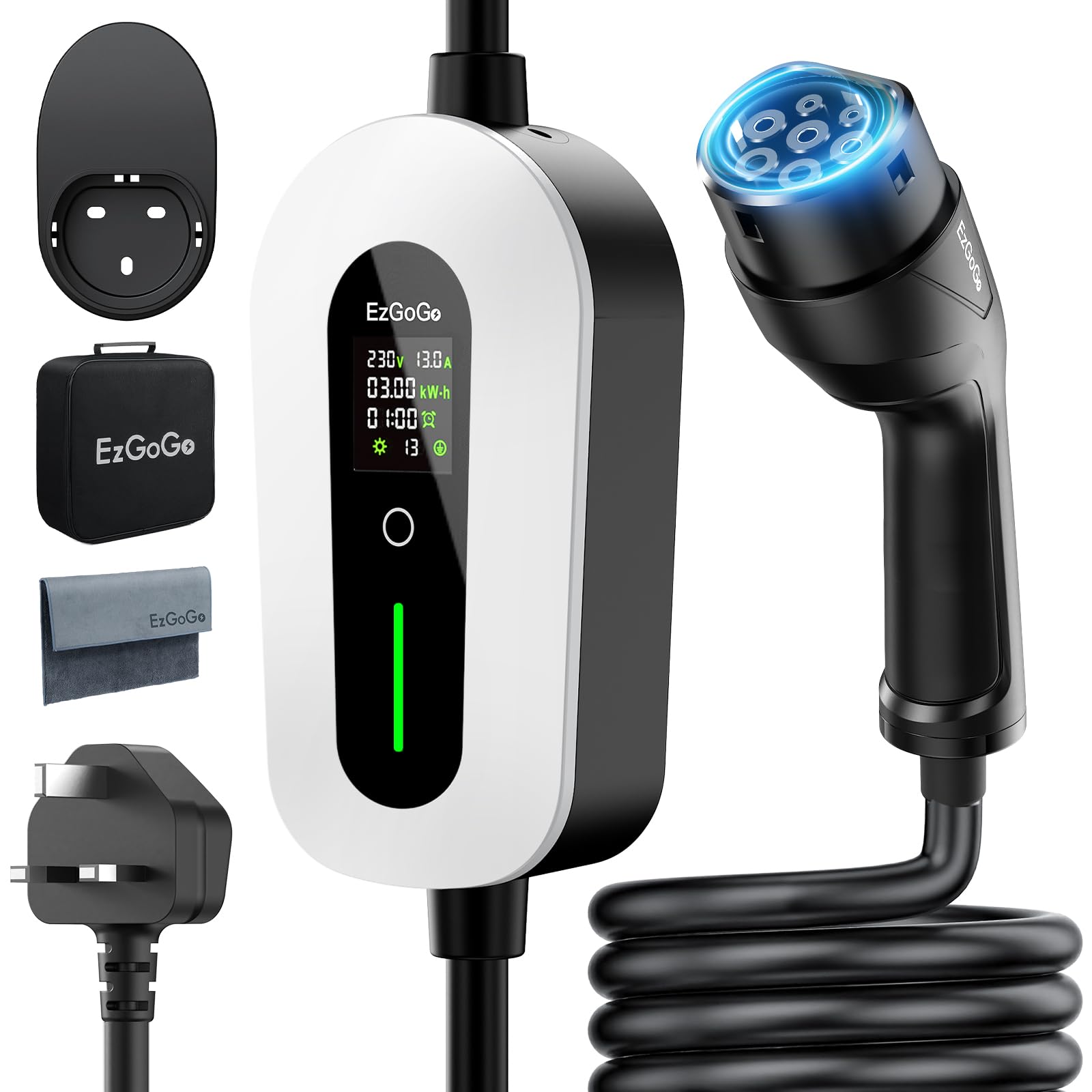 EzGoGo EV Charger Cable Type 2 to 3 Pin Plug 32.81Ft/10M Electric Car Charger 3kW, [6/8/10/13A] Type 2 Charging Cable 3 Pin IP65 Advanced Protection Suitable for EVs & PHEVs