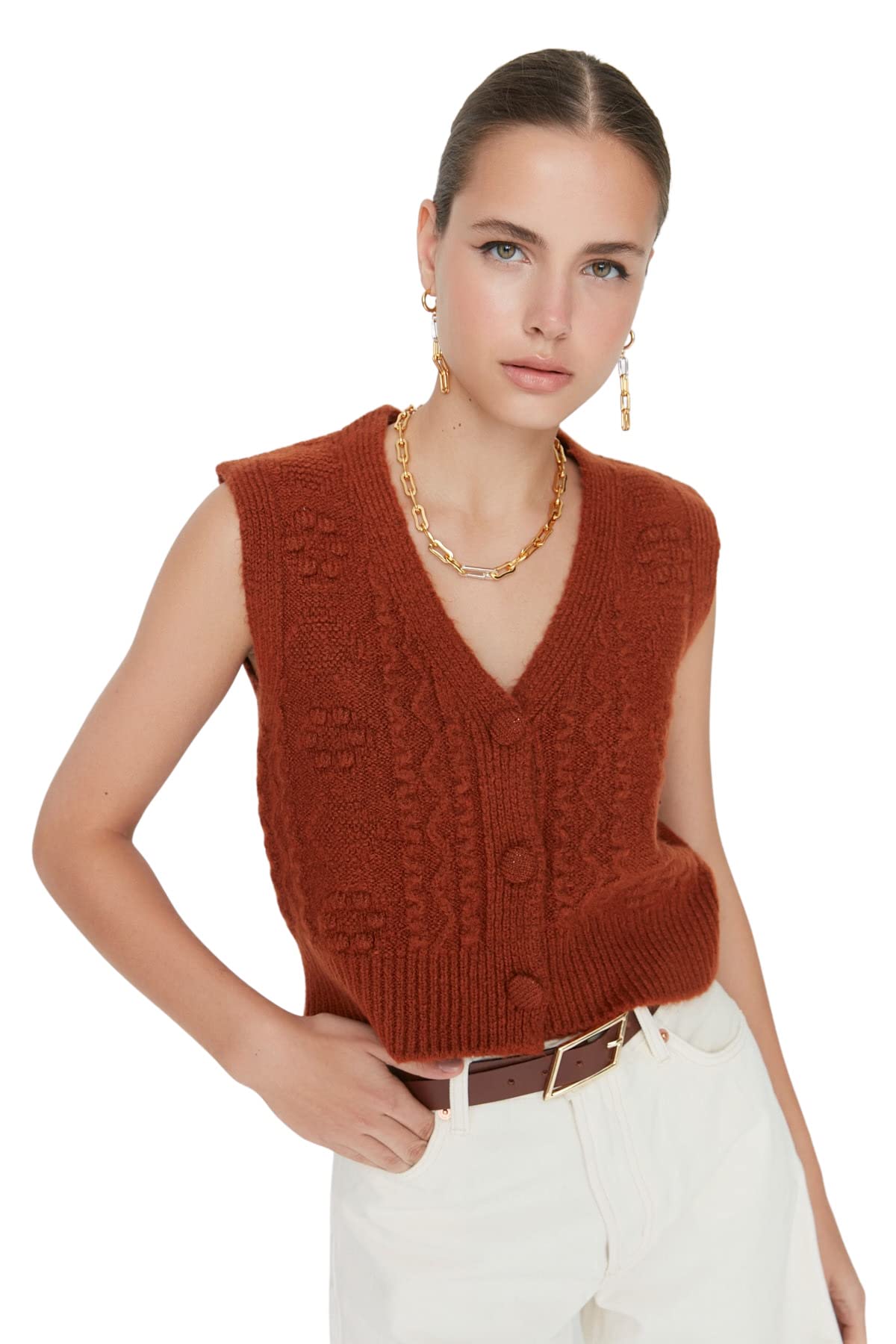 TRENDYOL Damen V-Ausschnitt Unifarben Regular Strickweste Sweater (1er Pack)
