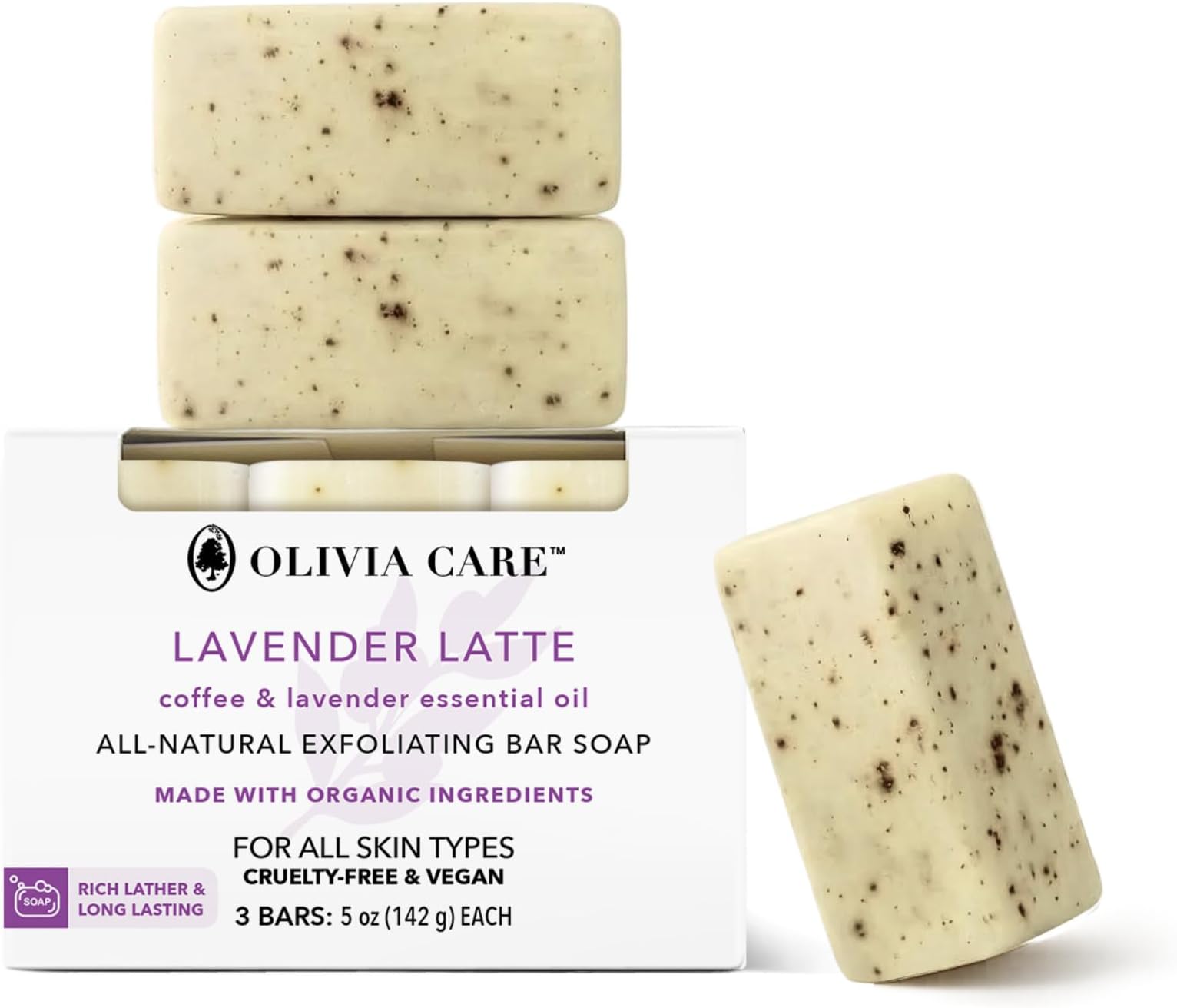 Exfoliating Bar Soap Lavender Latte 3 Pack Natural, Organic. Infused with Coffee Bean & Lavender Essential Oil - 3 X 5 OZ