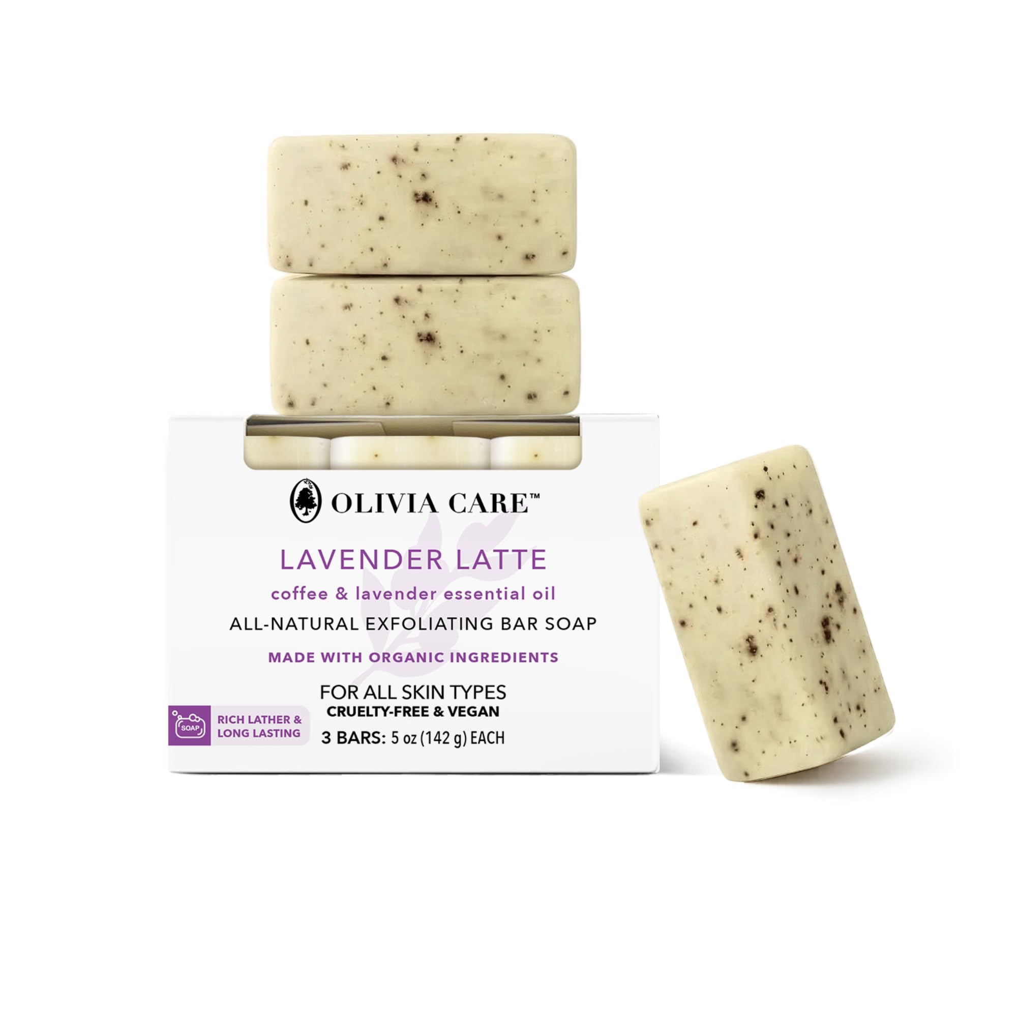 Olivia Care Exfoliating Bar Soap Lavender Latte 3 Pack Natural, Organic. Infused with Coffee Bean & Lavender Essential Oil - 3 X 5 OZ