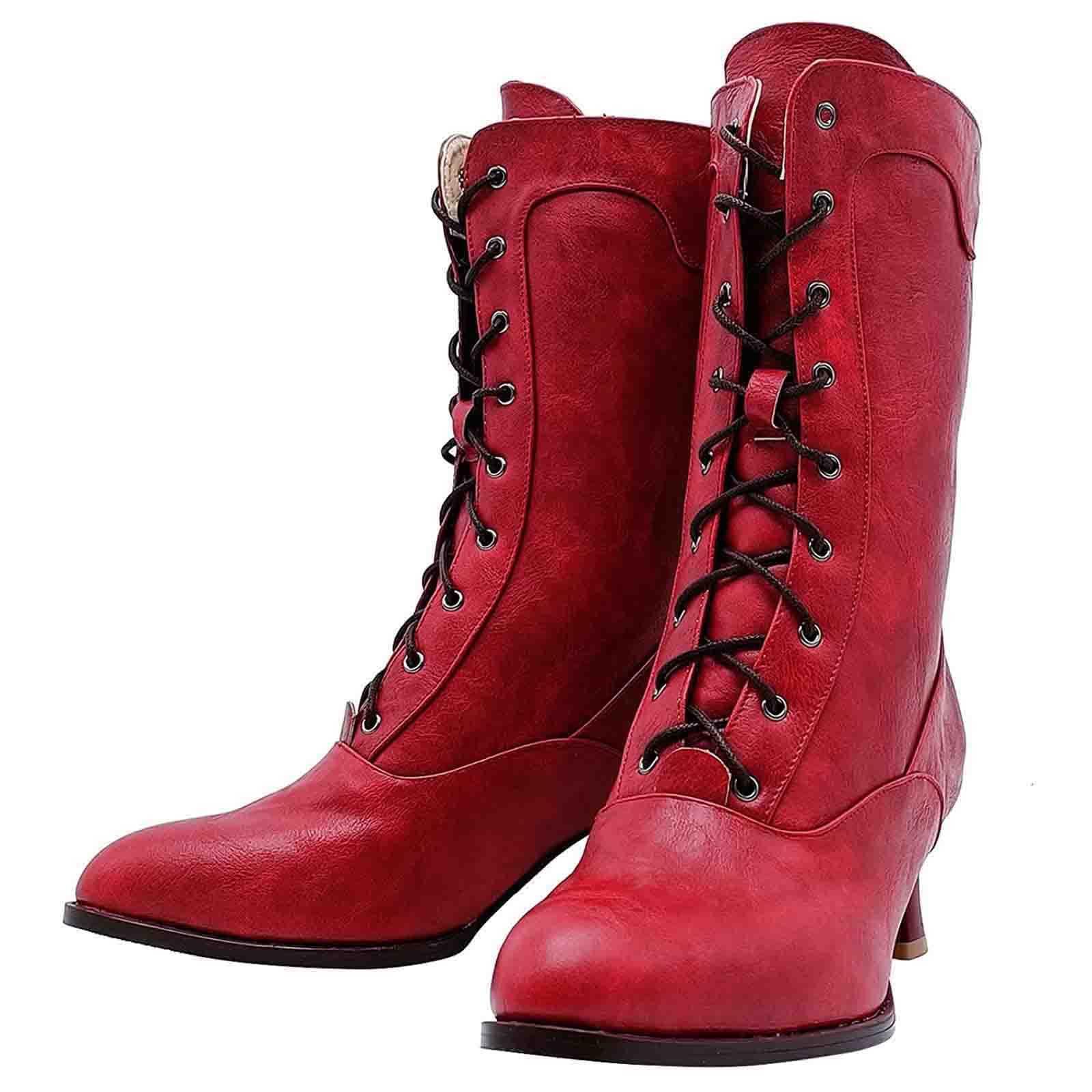 Erocalli Goth Boots Renaissance Victorian Shoes Sweet Bow Mid Calf Boots Mid Heels Lace Up Studded Bowknot ​Witch Boot