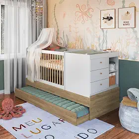 Berço Cama Multifuncional Com Auxiliar 3 Em 1 84cm x 194cm Aveiro Oak Branco Posie Completa Móveis