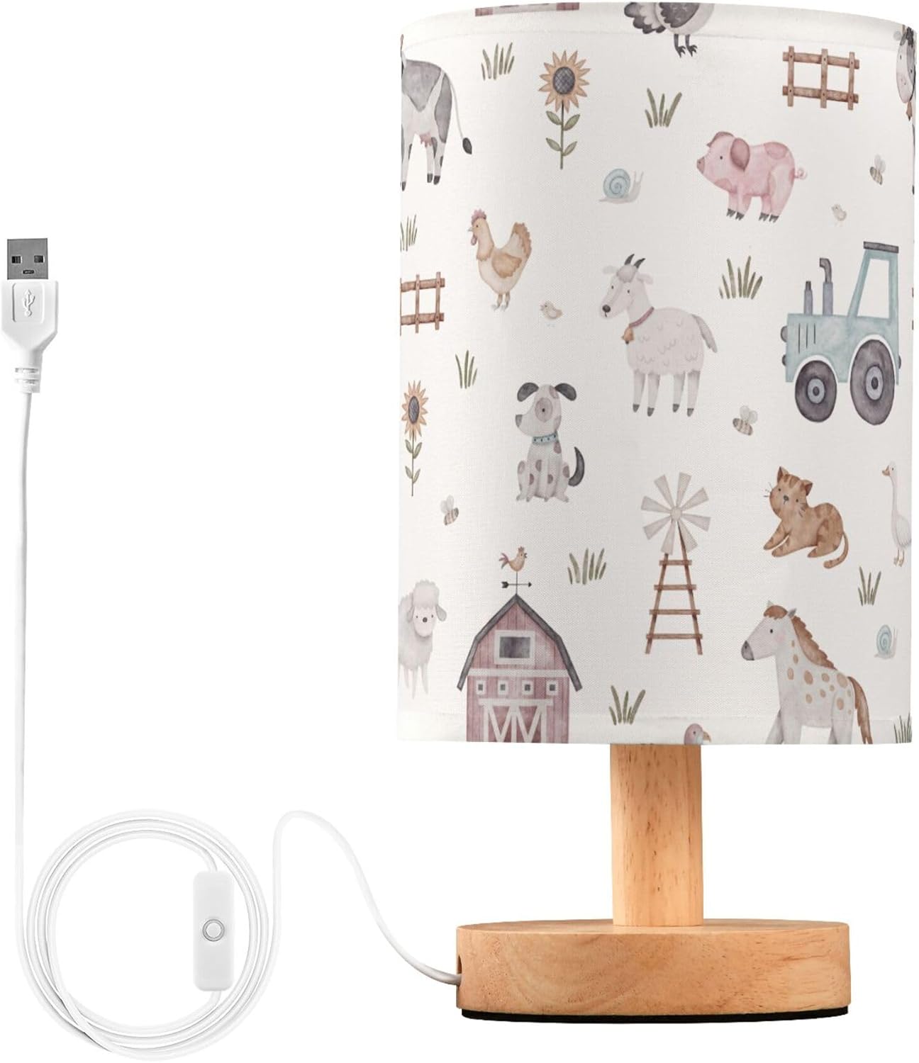 Farm Animal House Car Windmill Cow Sheep Pig Horse Dog Cat Goose Hen Table Lamp with Wood Base Fabric Lamp Shade Bedside Nightstand Desk Lamp for Living Room Bedroom Kids Room Office