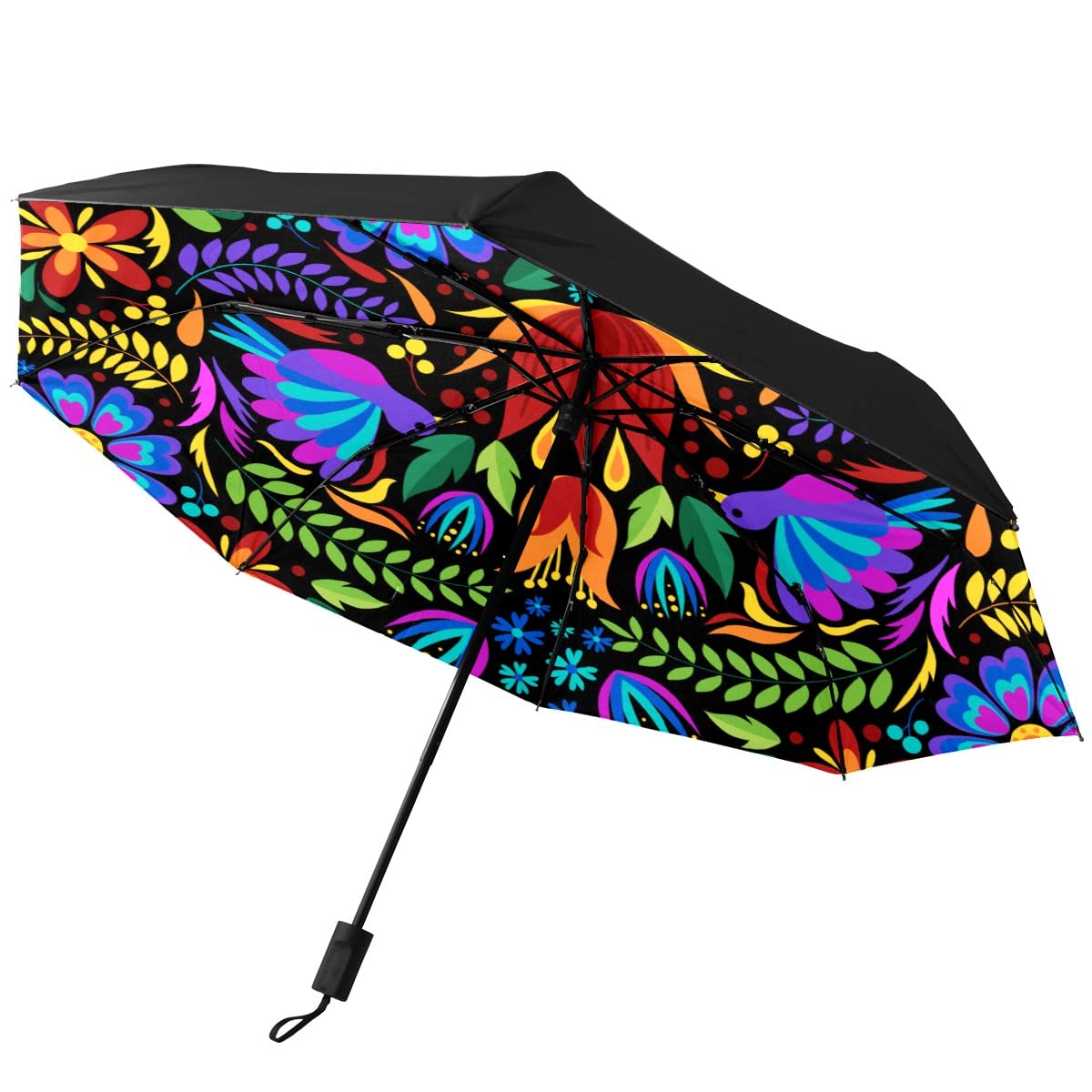GISPOG Automatic Folding Umbrella, Floral Mexican Embroidery Birds Waterproof Compact Sun and Rain Travel Umbrellas