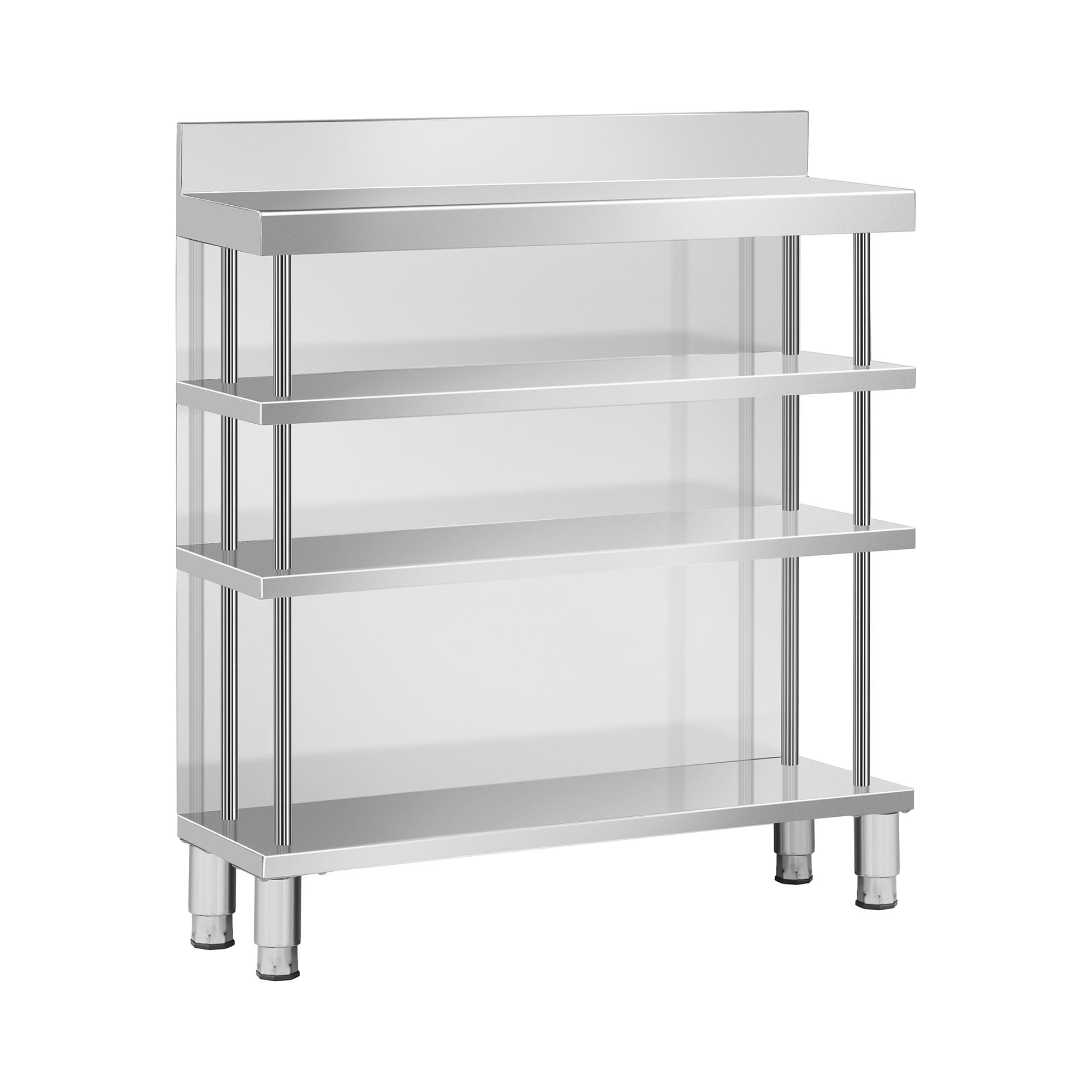 Royal Catering Tavolo bar da lavoro in acciaio inox 100 x 30 x 105 cm 4 ripiani con schienale e bordo - Tavolo da lavoro inox - Tavolo da bar