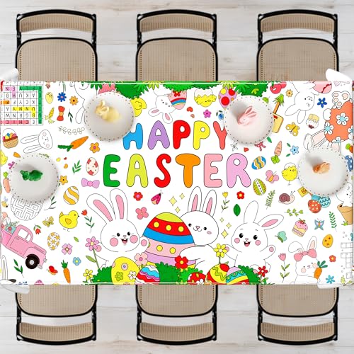 Image of Giant Easter Coloring Tablecloth, 54 inch x 108 inch Easter Crafts Table Cloth, Coloring Tablecloth Disposable for Crafts Party Decorations, Rectangular Painting Poster Banner Art Activities with Bunny Eggs