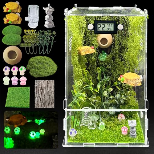 Image of Jumping Spider Enclosure,DIY Insects Habitat,Small Reptile Terrarium Glass House Accessories Set,with Temperature and Humidity Detector Water Feeder Platform Hide,5.5 inchx5.5 inchx9.5 inch (Forest)