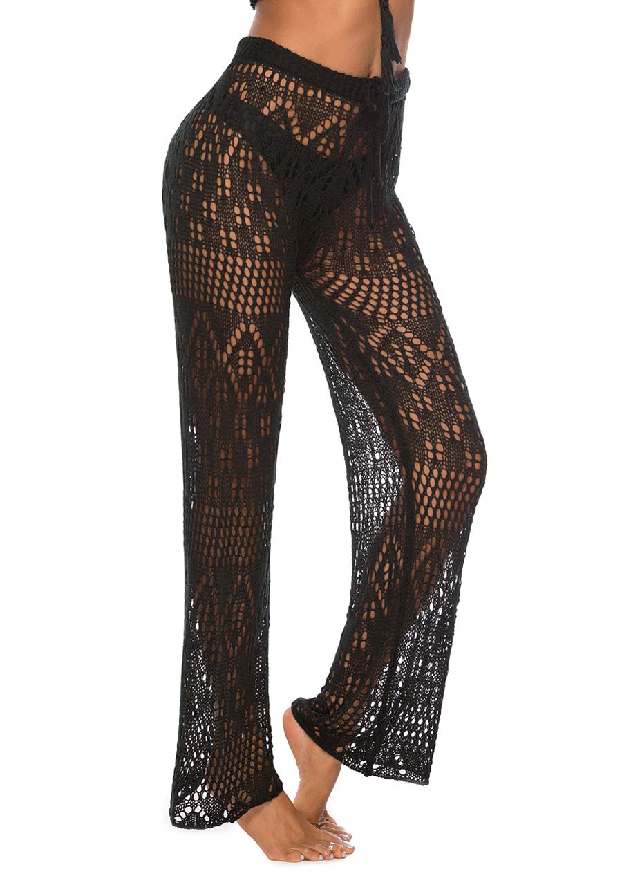 Womens Cover Up Pants Crochet Net Hollow Out Beach Pants Sexy Swimsuit High Waist Wide Leg Mesh Pants