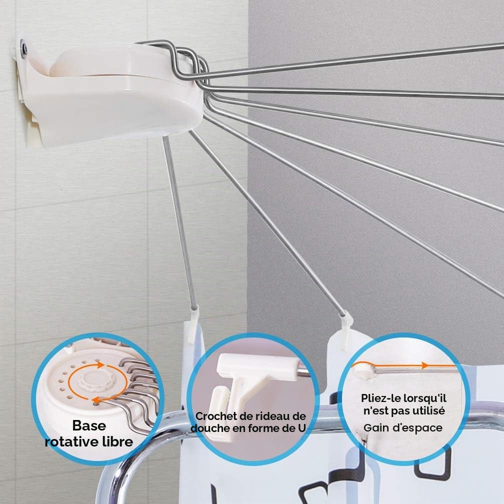 Hershii Tringle à rideau de douche pliable en forme d'éventail - En acier inoxydable - Support mural incurvé pour salle de bain