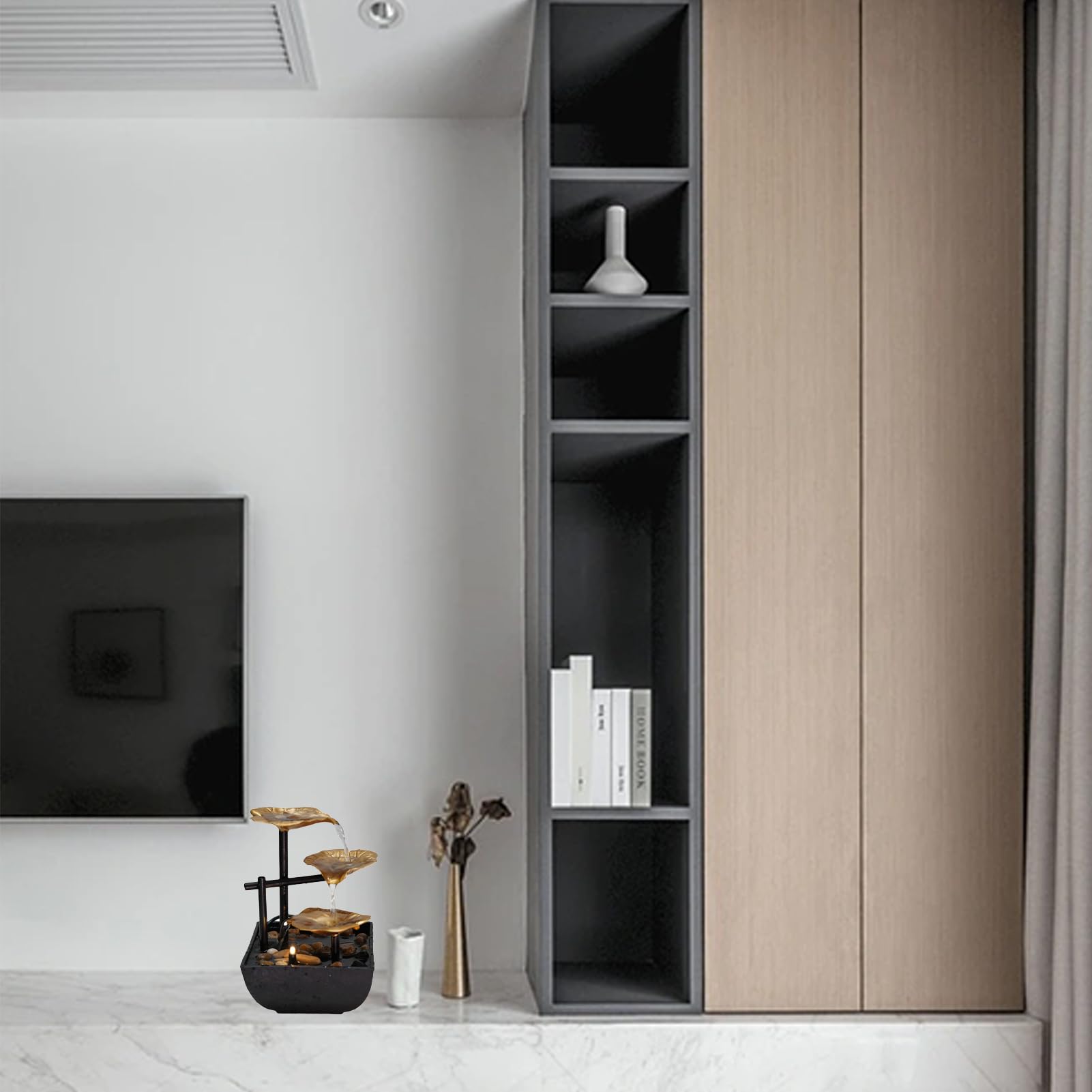 Fontaine de Bureau d'intérieur,Cascade Ornements d'eau Courante,Décor de Table Zen Moderne en Métal,avec Lumières LED,pour la Décoration de la Maison,L'ameublement de Bureau,Chambre (Or)