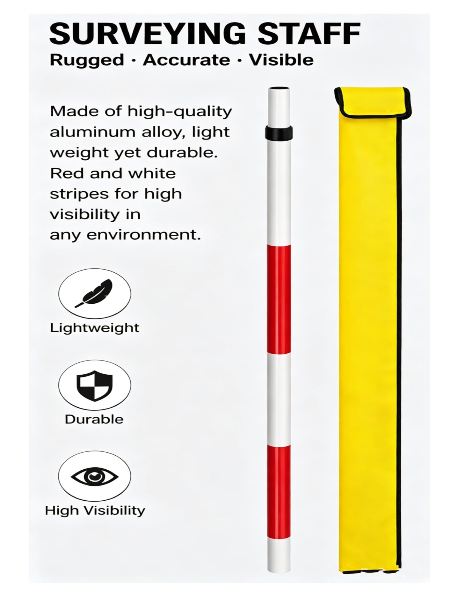 Jalón de medición de Aluminio, Varilla de centrado Desmontable para topografía e ingeniería de la construcción, Tipo unión, 5,0 m/16,4 pies de Longitud.
