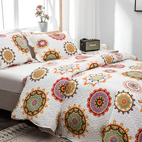 Mohap Quilt Set 3 Pieces Queen Size Bohemian Style for All Season Use Coverlet Set Retro Sunflower Pattern